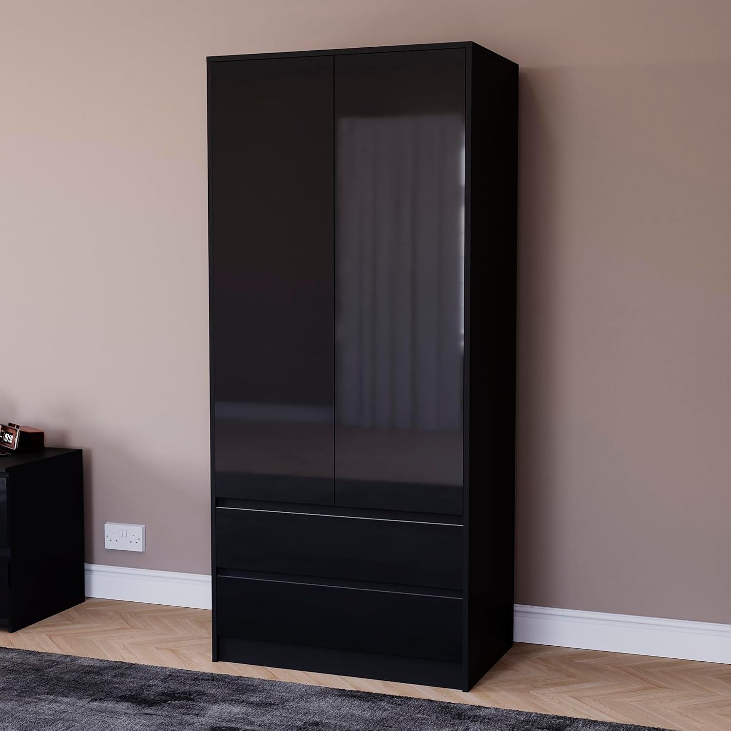 Modern 2 Door Black Wardrobe with 2 Drawers, Hanging Rail & Easy Assembly
