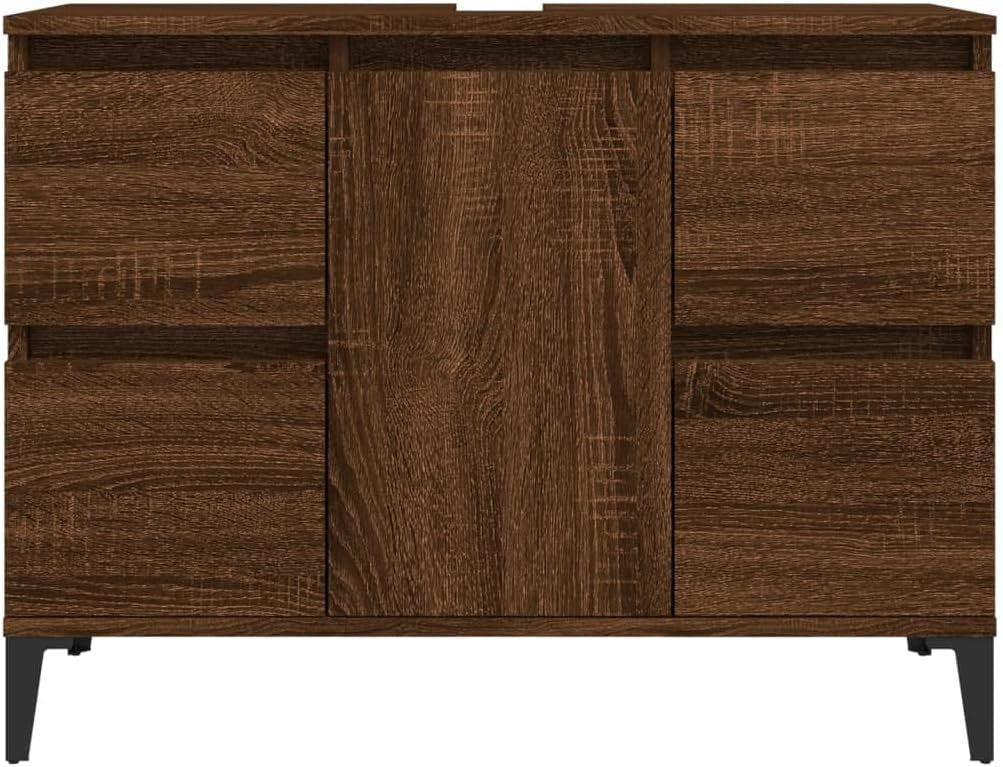Brown Oak Under Sink Bathroom Cabinet with Drawers & Door – Industrial Vanity