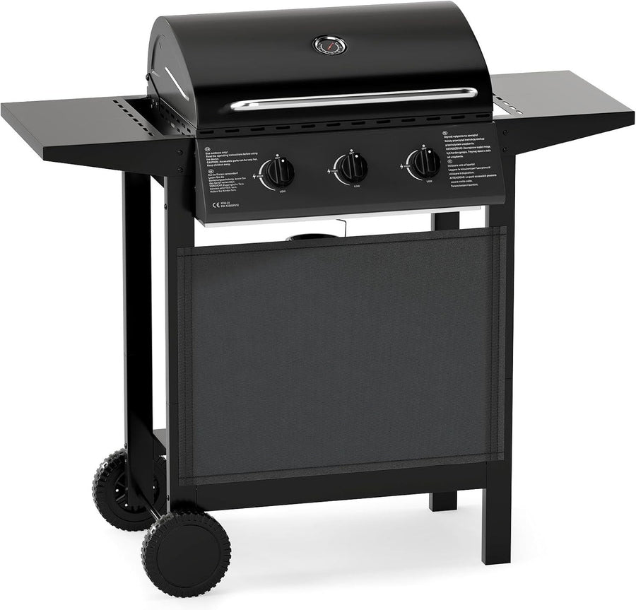 3 Burner Gas BBQ Grill with Lid, 49x106x98cm, Thermometer, Side Shelves & Wheels