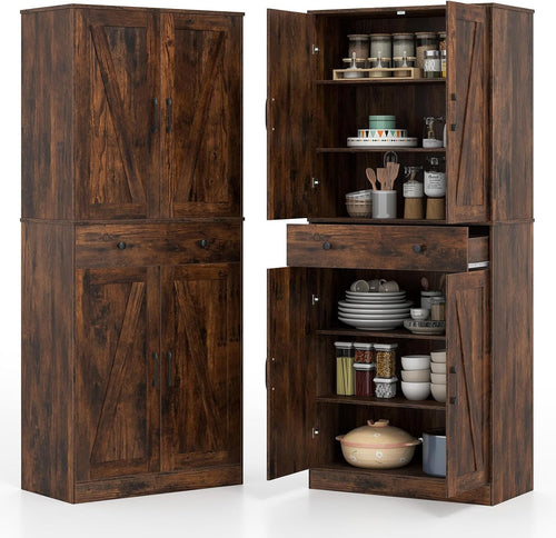 183cm Tall Kitchen Cupboard Rustic Brown 6-Tier Adjustable Drawer Storage