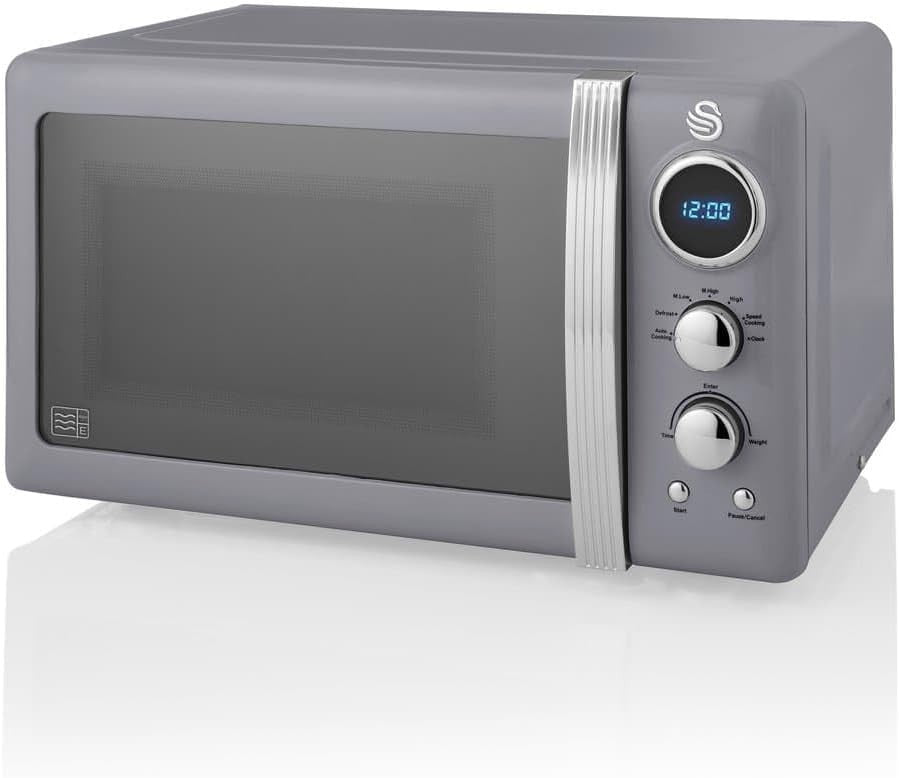 20L Retro Microwave 800W, 5 Power Levels, Digital Timer & Defrost, Grey