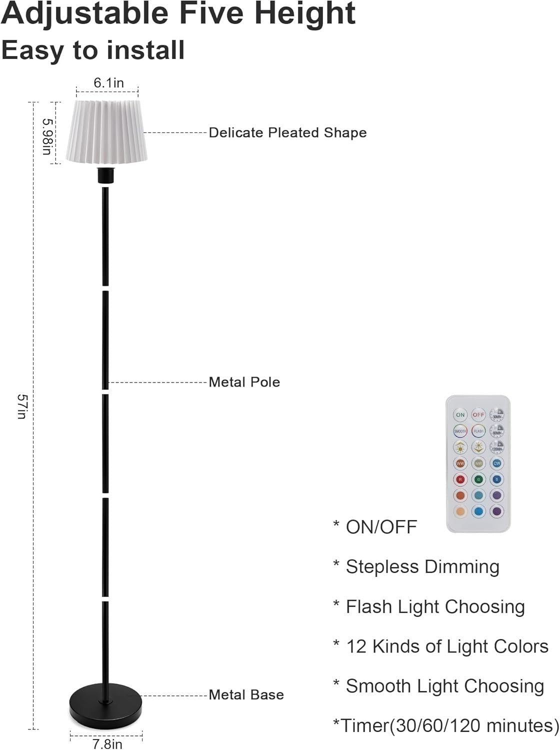 Cordless Floor Lamp Rechargeable Battery Remote Dimmable Portable 57in Light