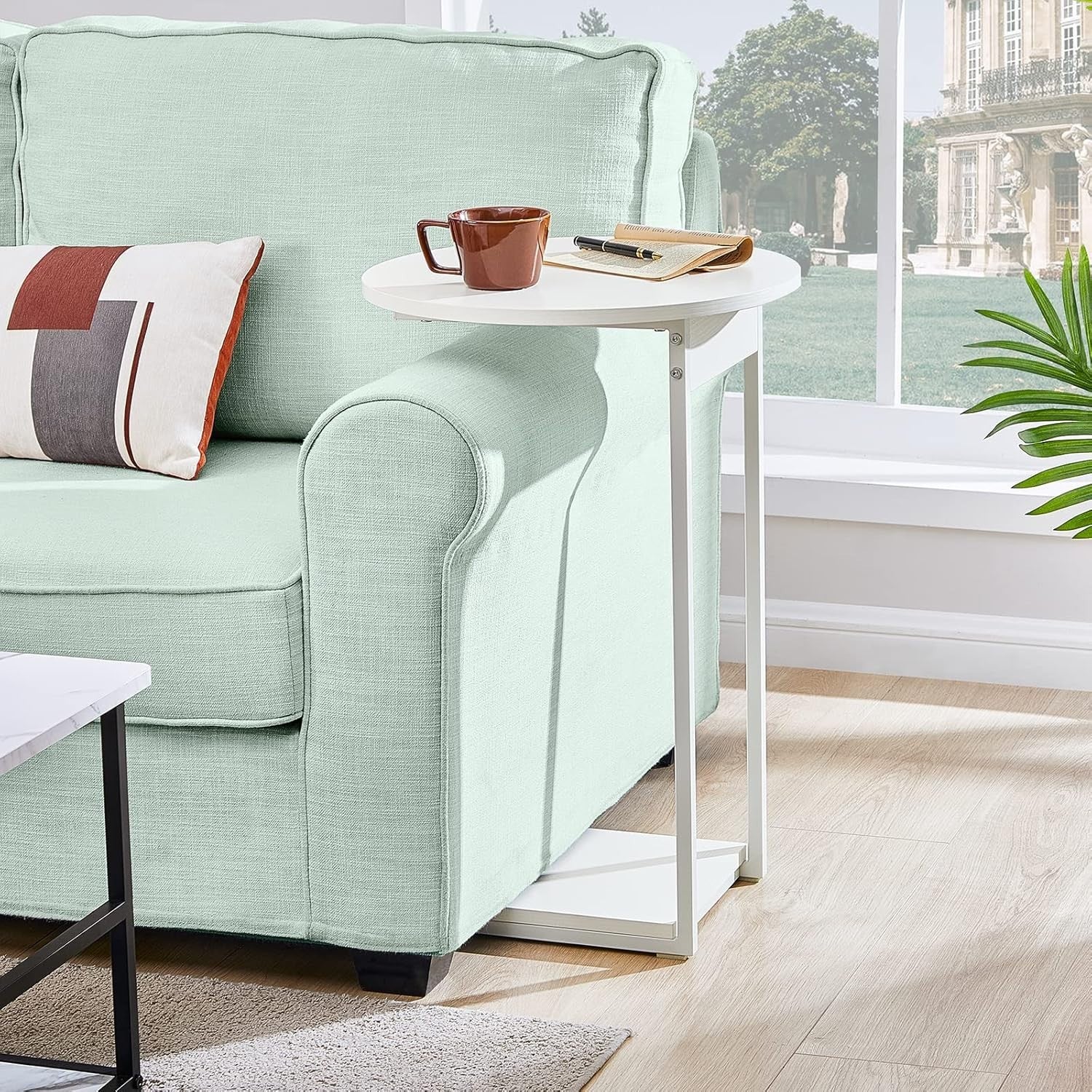 Slim C-Shaped Side Table with 15" Round Top – Space-Saving White End Table