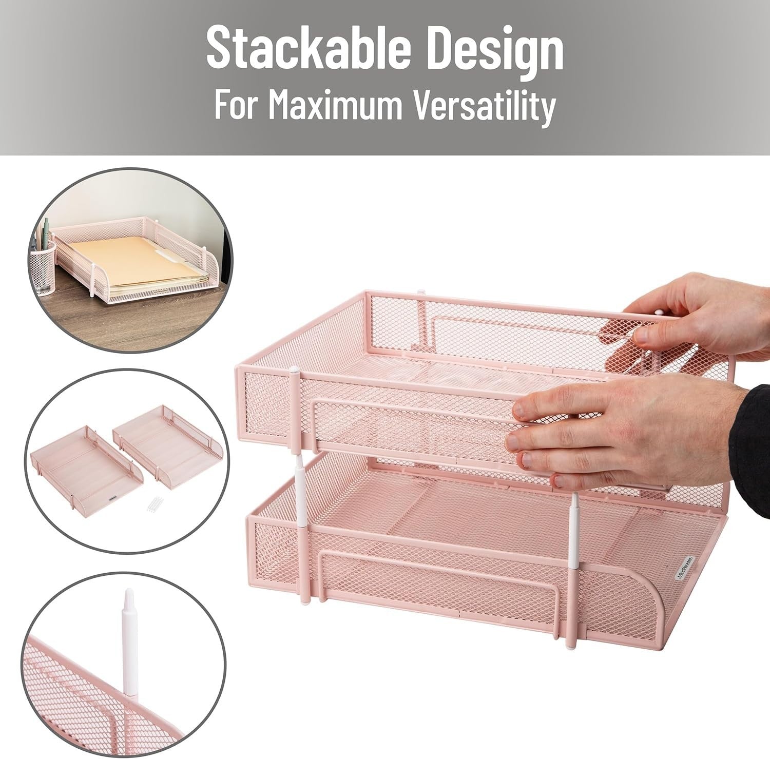 Stackable Metal Mesh Desk Organizer Tray 2-Tier File Storage Pink