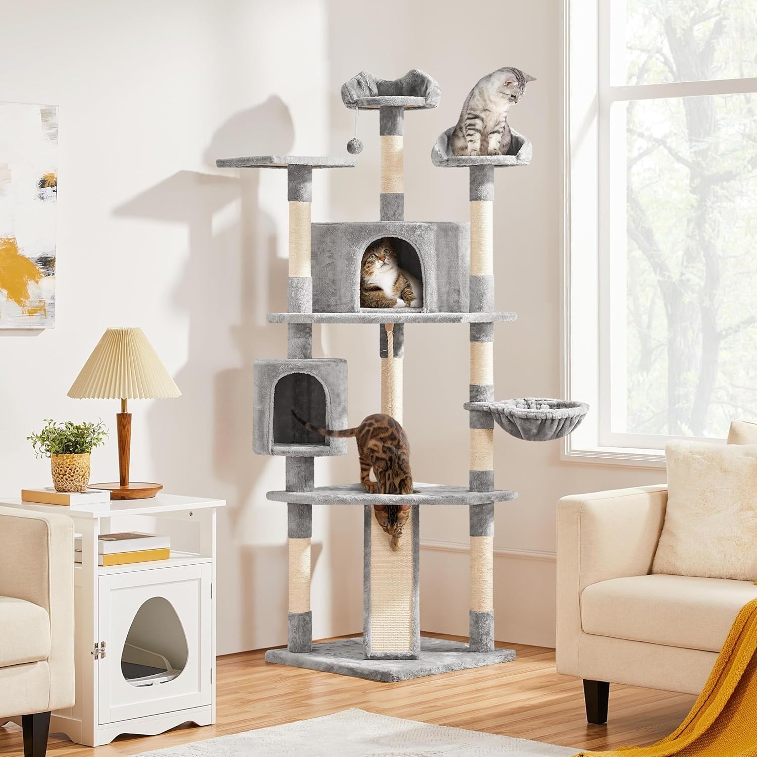 200cm Tall Cat Tree Tower Multi Level Condo Scratching Posts Light Grey