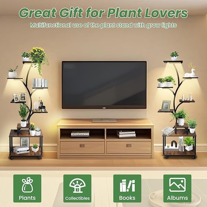 8 Tier Metal Wood Plant Stand with Grow Light Tall Flower Shelf Indoor Outdoor