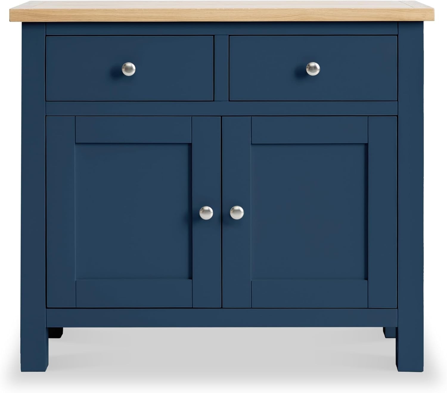 Small Blue Sideboard Cabinet with 2 Drawers & 2 Doors – Oak Top Storage Unit