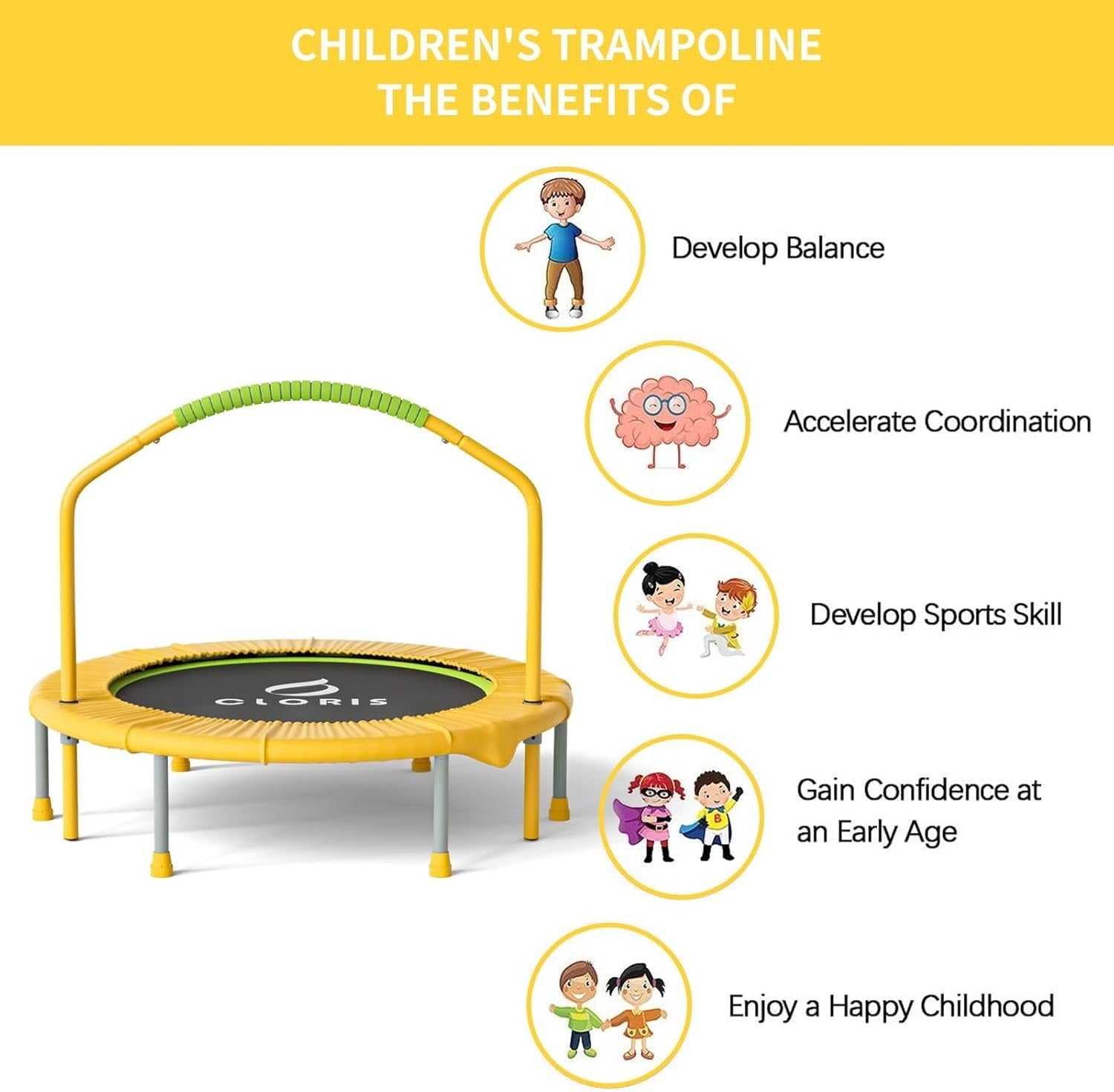 Yellow 38in Indoor Workout Trampoline Quiet Rebounder Handle 220LB