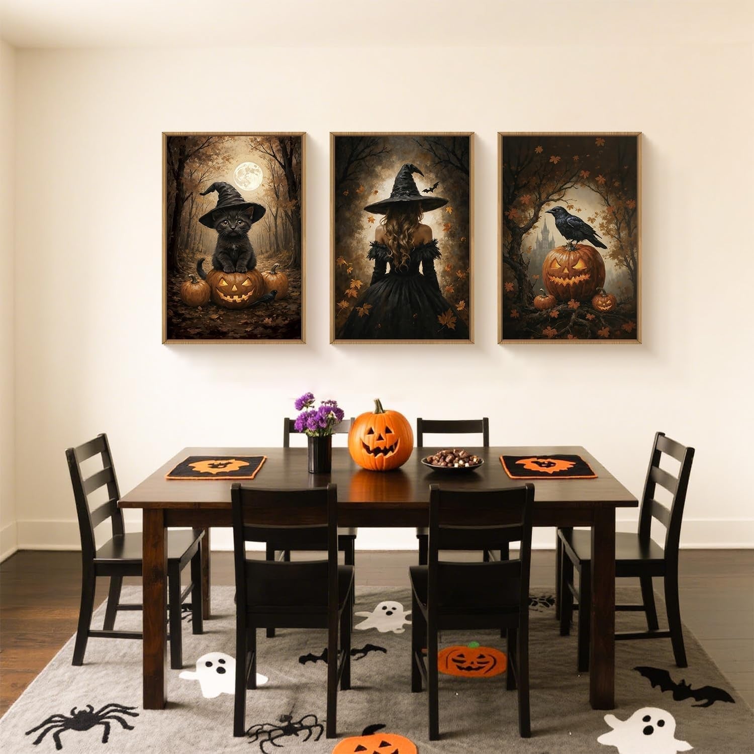 Halloween Framed Canvas Wall Art Set 3 Spooky Witch Cat Pumpkin Decor