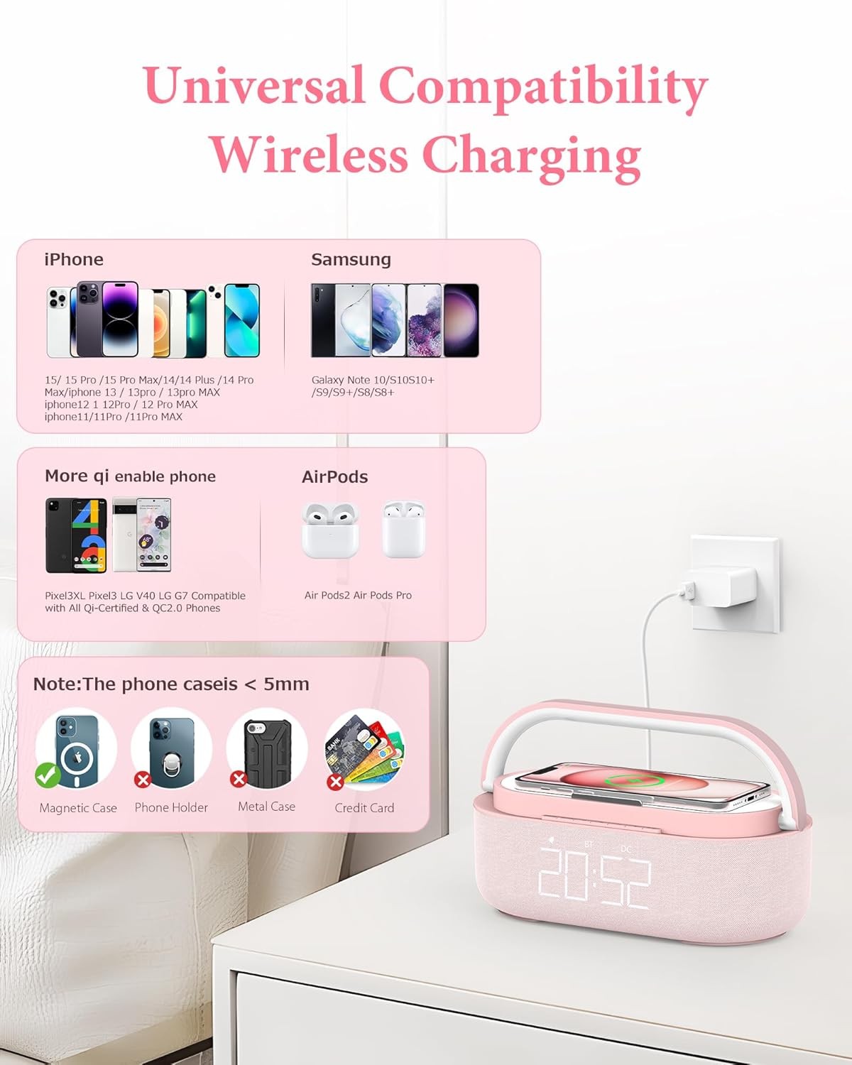 Bluetooth Alarm Clock Wireless Charger Speaker FM Radio Loud Snooze