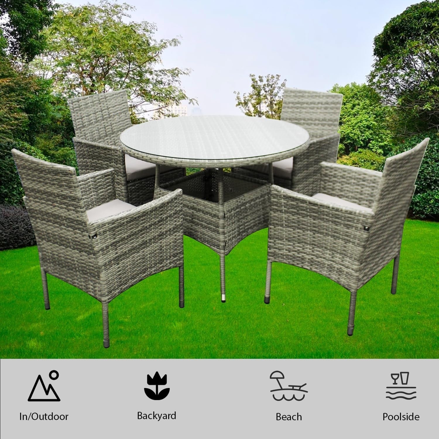 4 Seater Rattan Garden Set Round Table & Cushions Outdoor Patio Dining