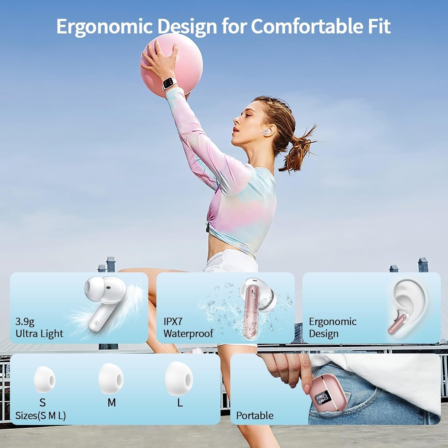 Bluetooth 5.4 Wireless Earbuds 46H Playtime ENC Noise Cancelling Pink