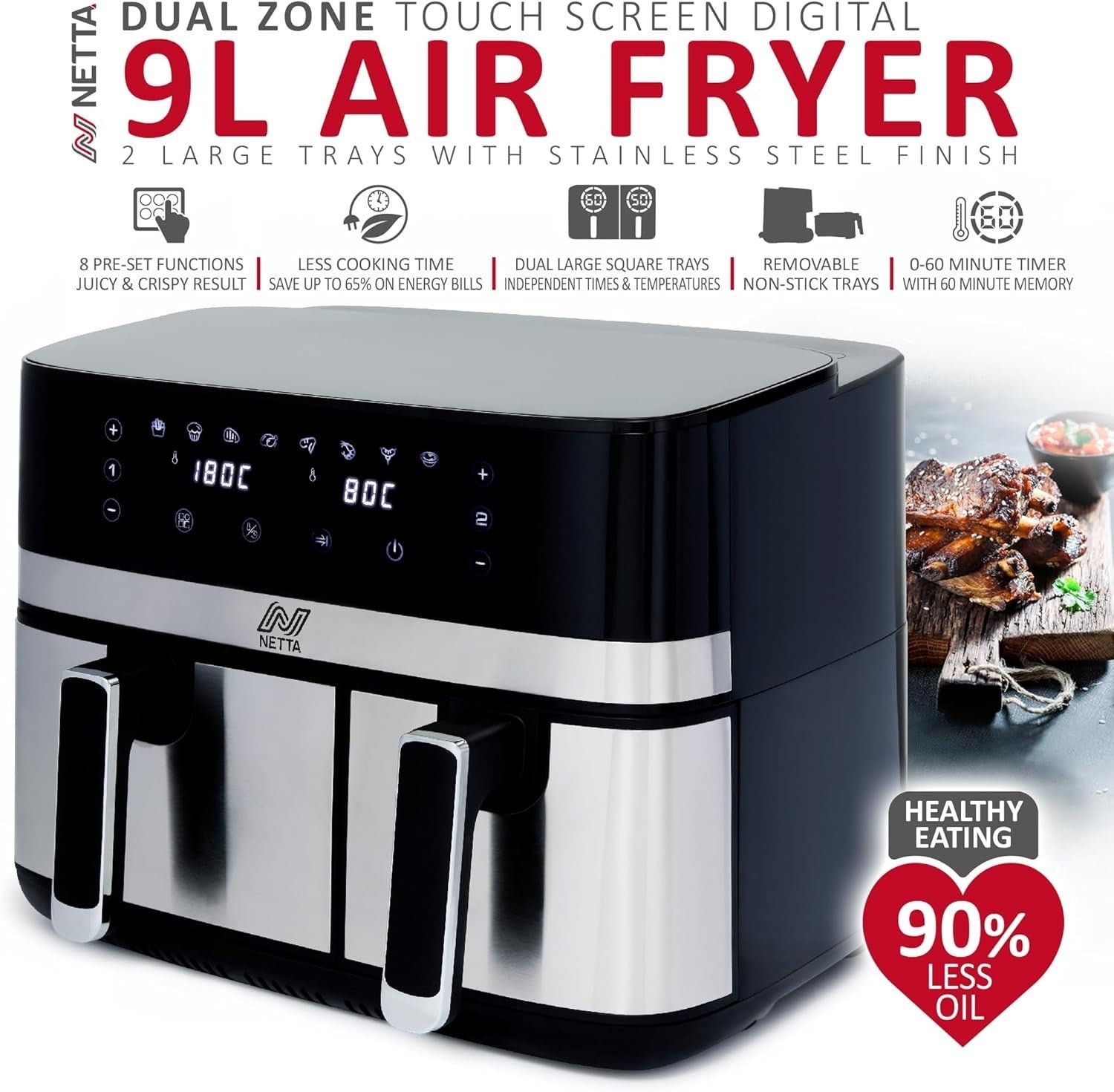 9L Dual Basket Air Fryer 2700W Digital Touch 80-200°C 60min Timer XL Black