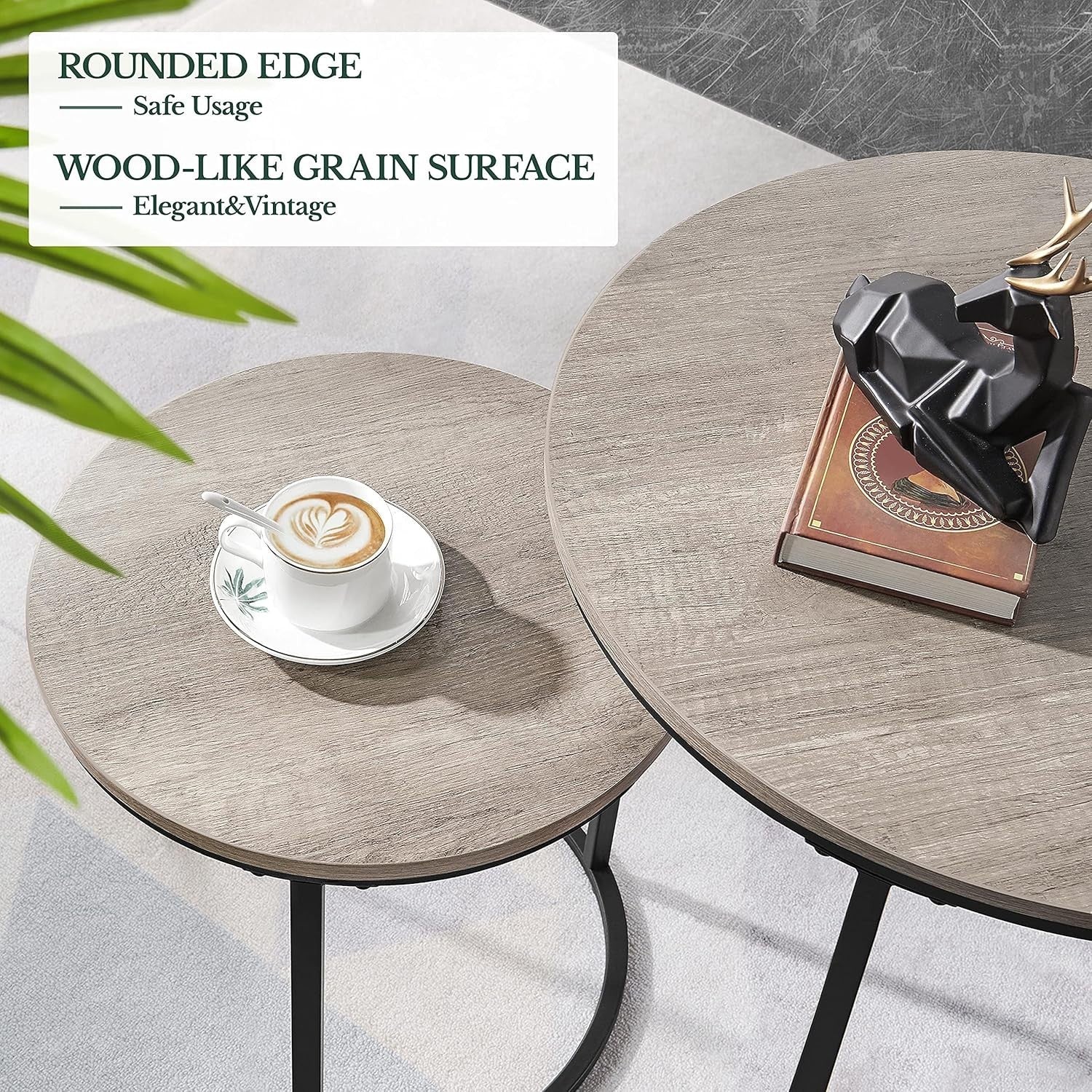 Space Saving Nesting Coffee Table Set Grey Round Side End Tables Engineered Wood