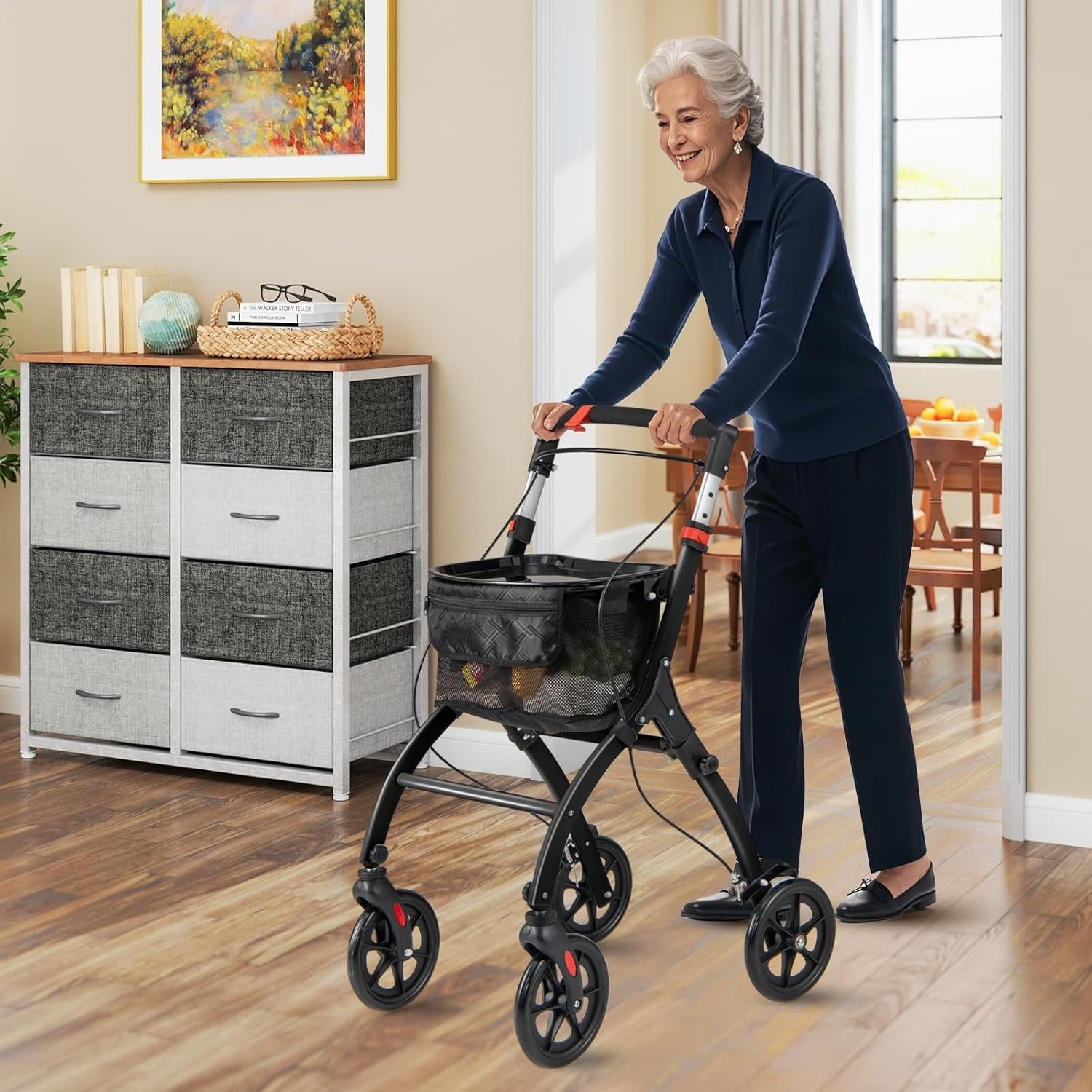 Lightweight Folding Rollator Walker 4 Wheel Basket Brakes Narrow Black