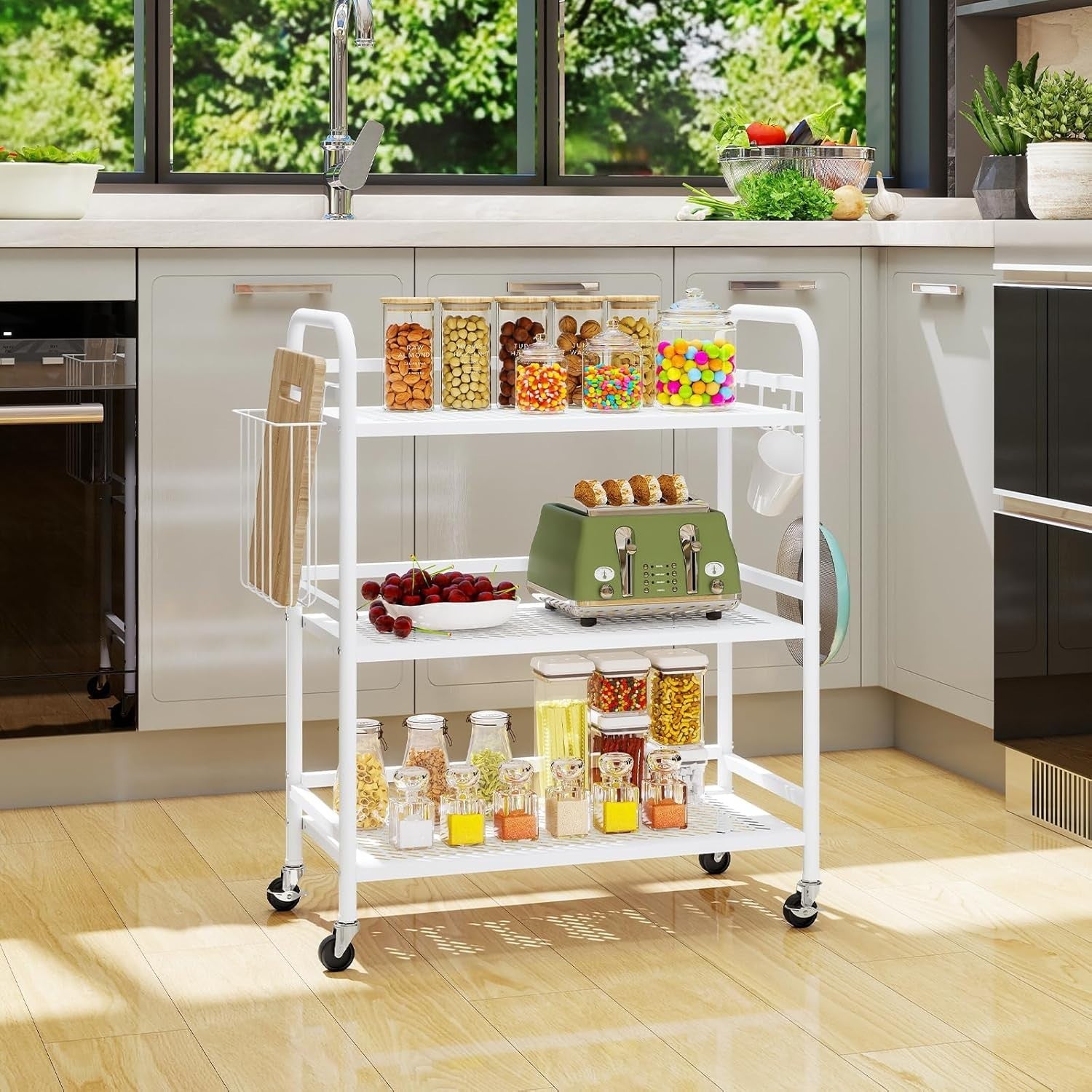 White 3 Tier Metal Mesh Rolling Utility Cart Heavy Duty Storage Rack