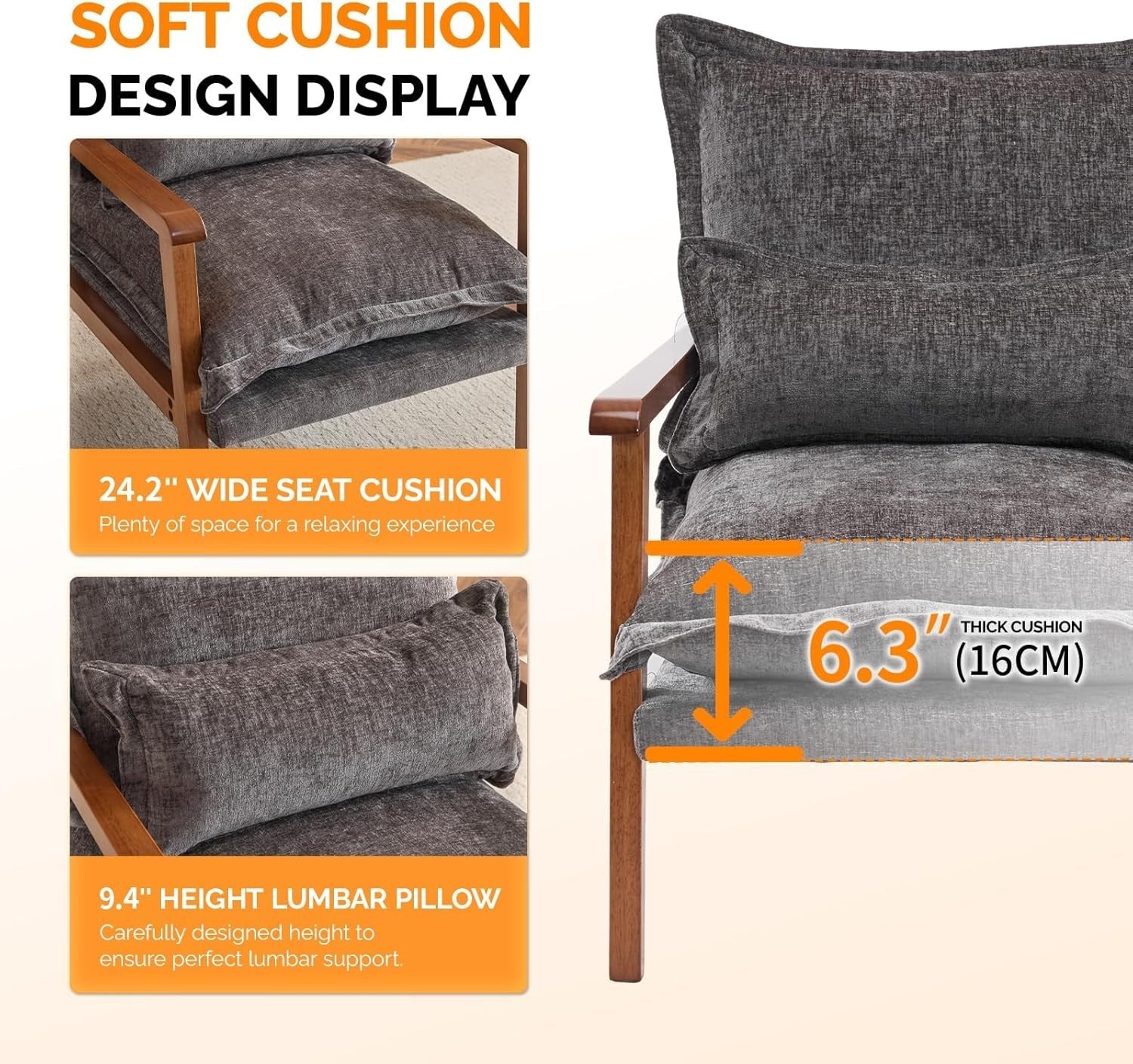 Mid-Century Modern Wooden Armchair with Cushioned Seat & Lumbar Pillow Grey