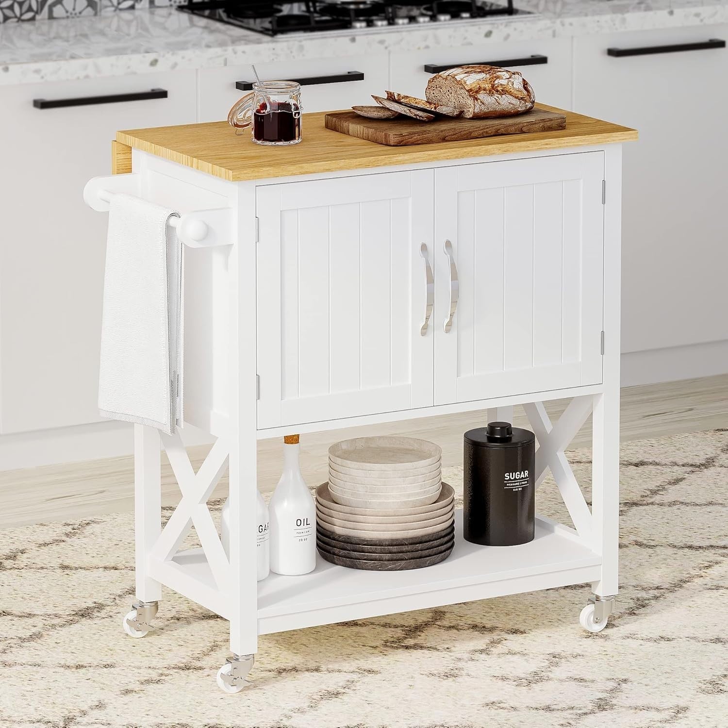 Rolling Kitchen Island Cart with Drop Leaf, Storage Cabinet & Towel Rack, White