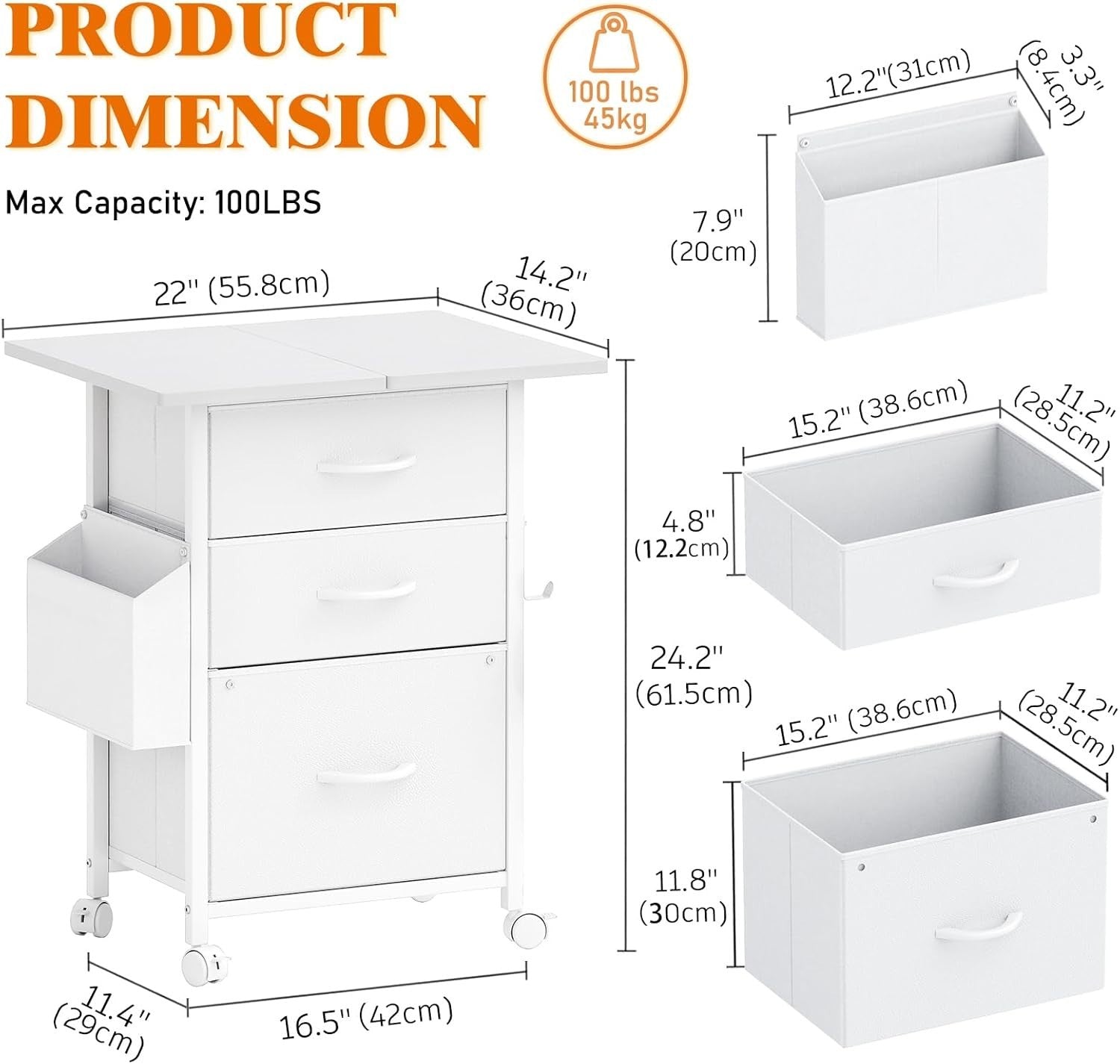 White Mobile File Cabinet 3 Fabric Drawer Rolling Printer Stand