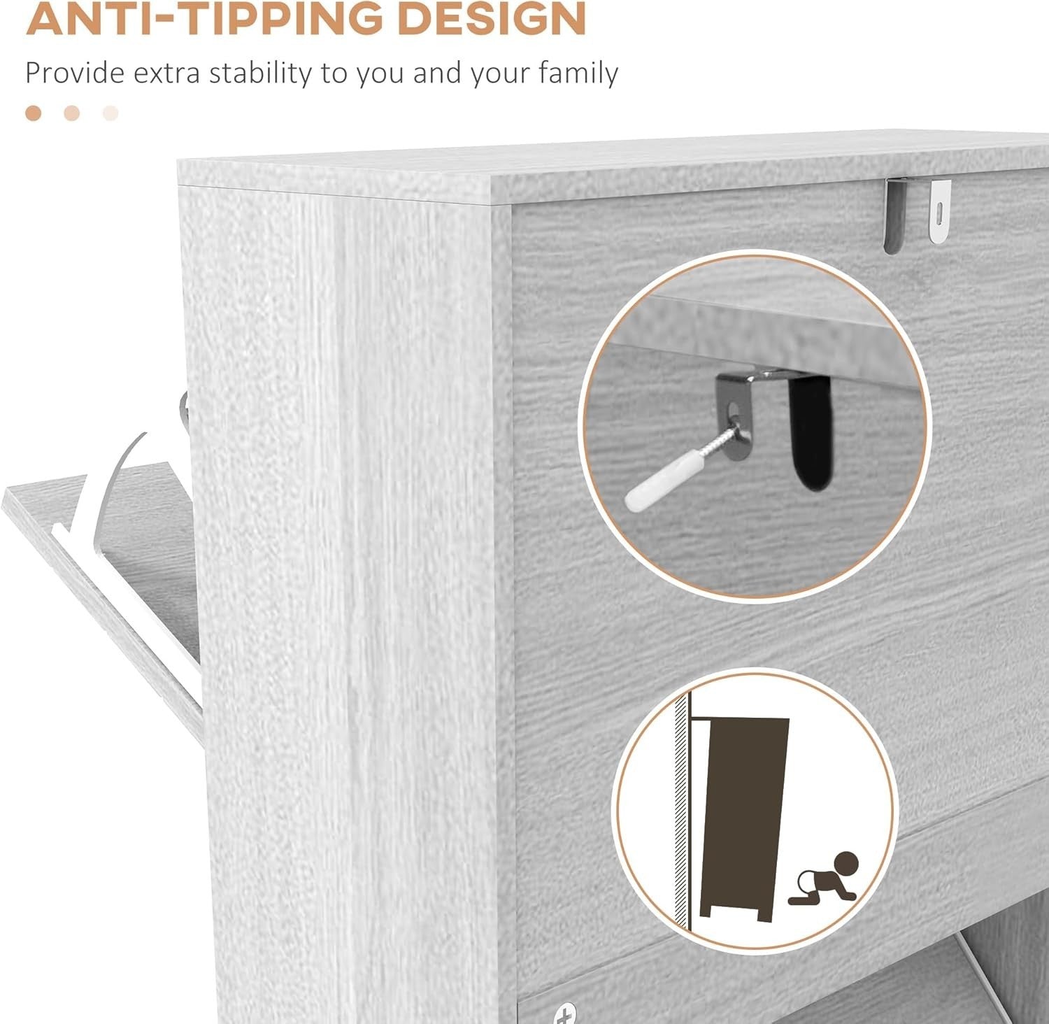 Slim Grey Shoe Cabinet – 3 Flip Drawers, 12 Pair Storage, Narrow Hallway Unit