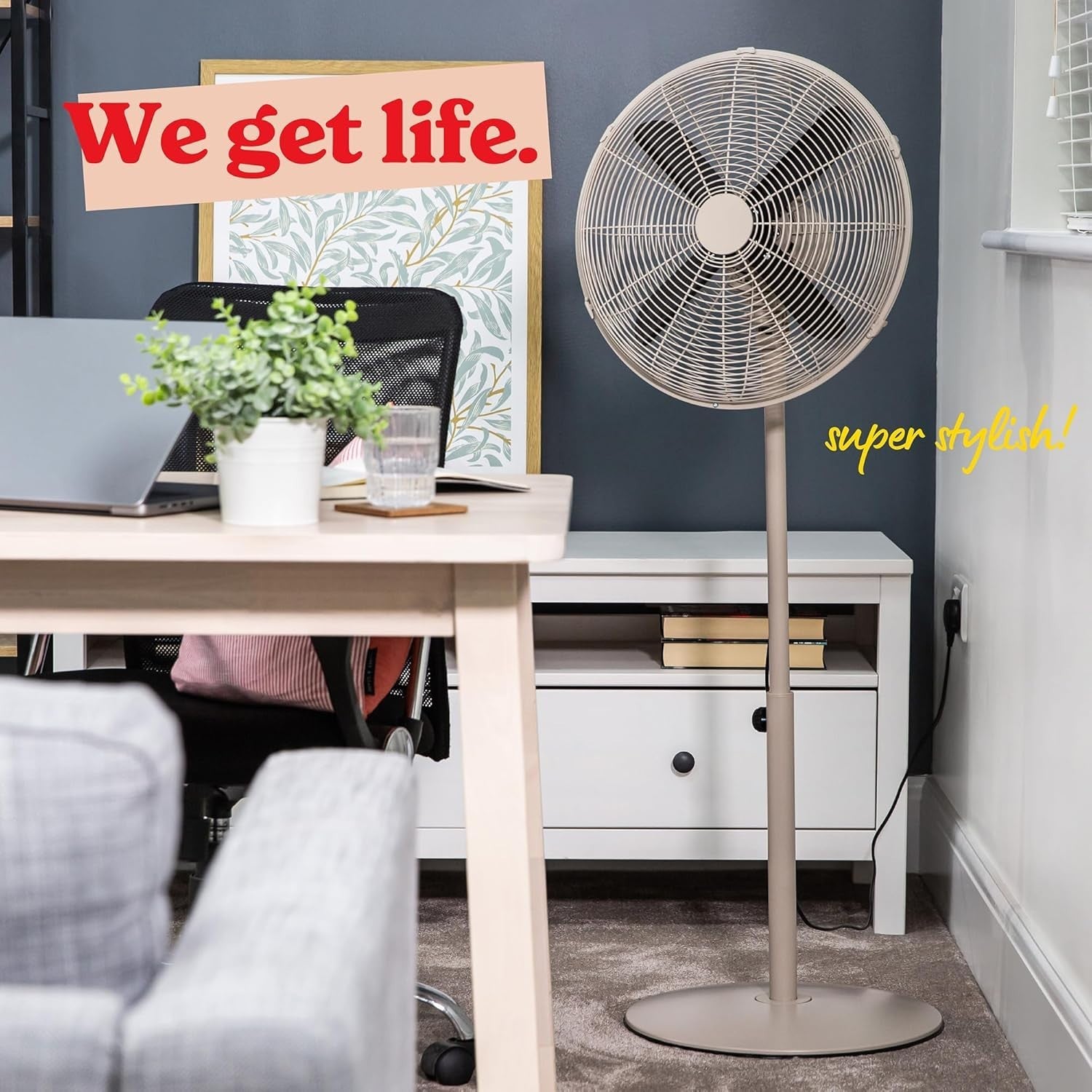 16" Greige Metal Pedestal Fan – 3-Speed Adjustable Height Oscillating Floor Fan