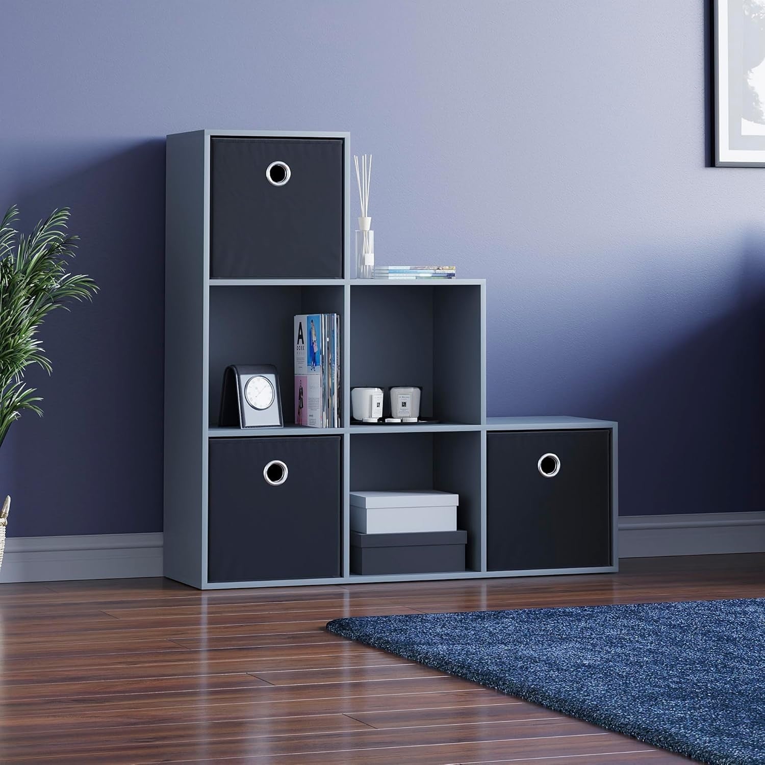 6 Cube Grey Staircase Storage Shelf with 3 Black Baskets – Modern Organiser