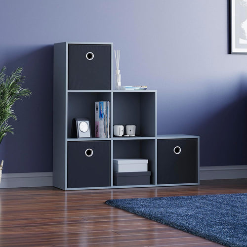 6 Cube Grey Staircase Storage Shelf with 3 Black Baskets – Modern Organiser