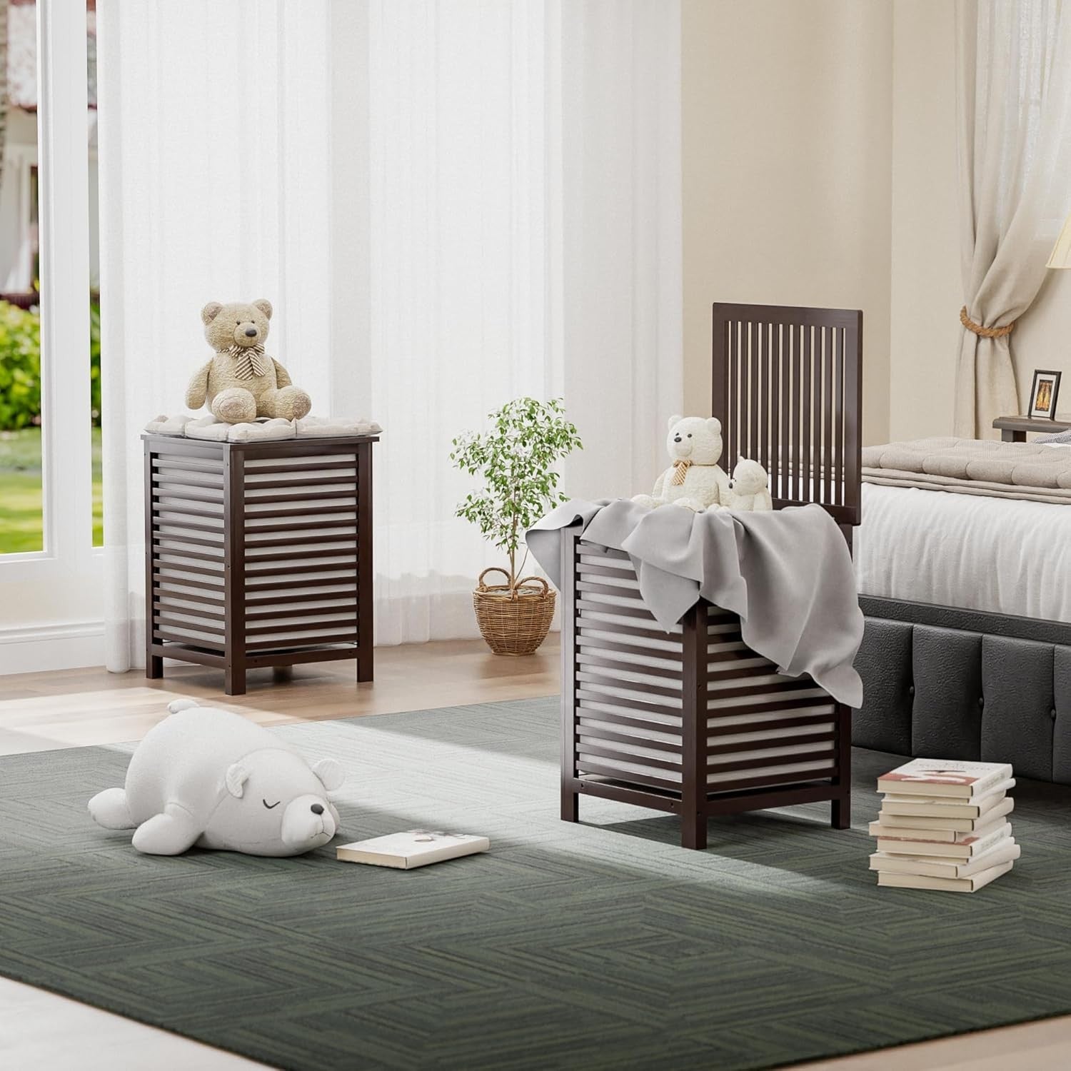 Double Bamboo Laundry Hamper with Lid 120L 2 Section Basket Brown 47x47x65cm