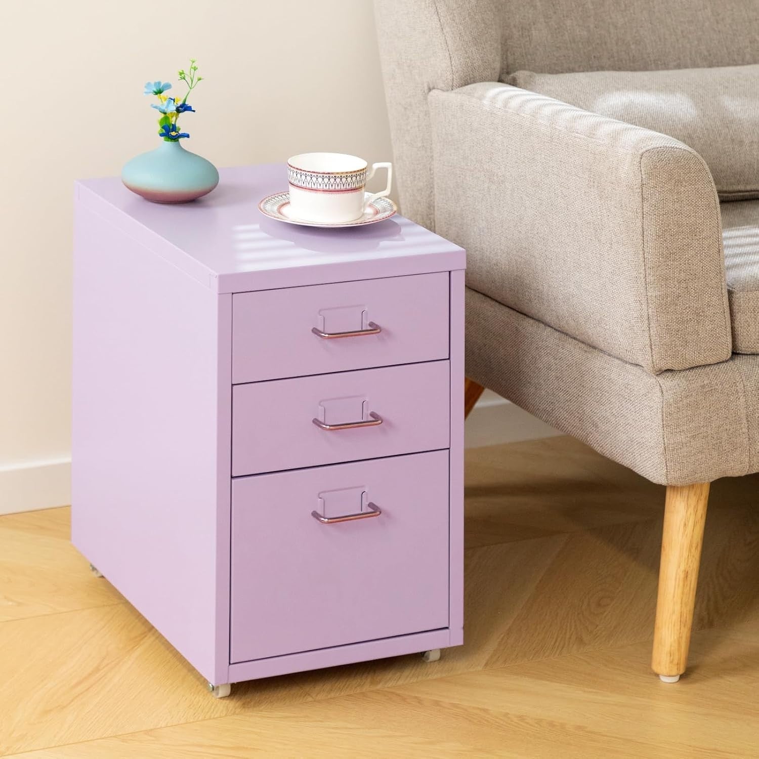 Lavender Metal Rolling Drawer Cabinet 3 Tier Under Desk File Storage