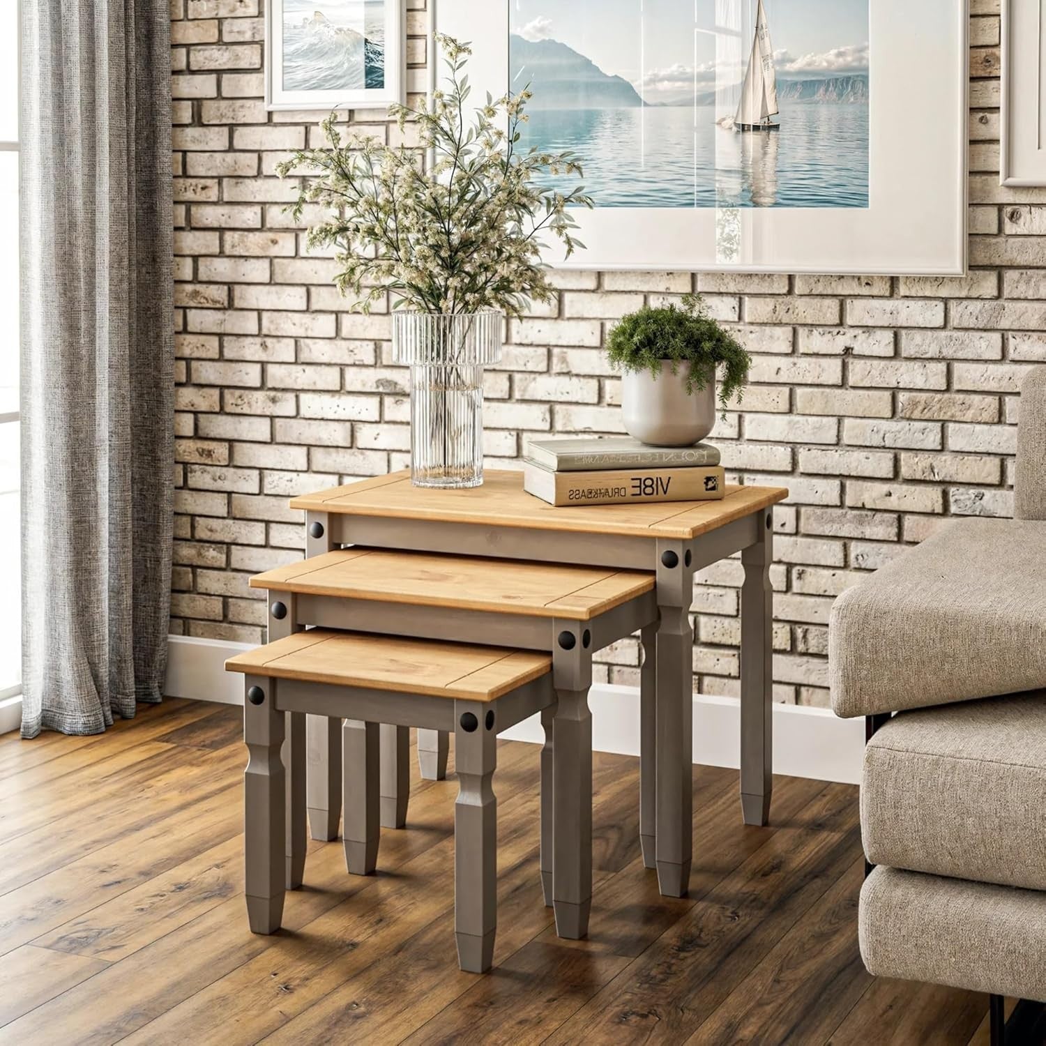 Grey Waxed Pine Nest of 3 Tables Living Room Side End Coffee Set Furniture