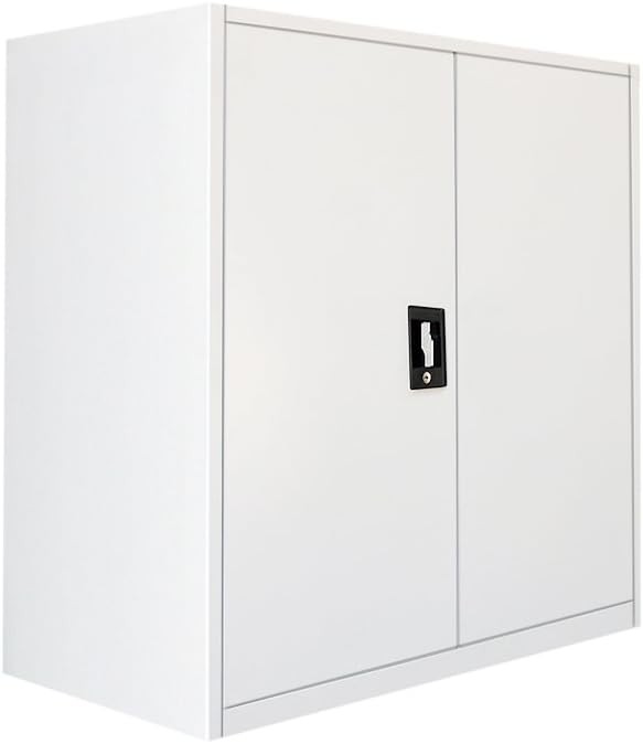 Grey White Metal Office Storage Cabinet 2 Door Cupboard 3 Shelves 90cm