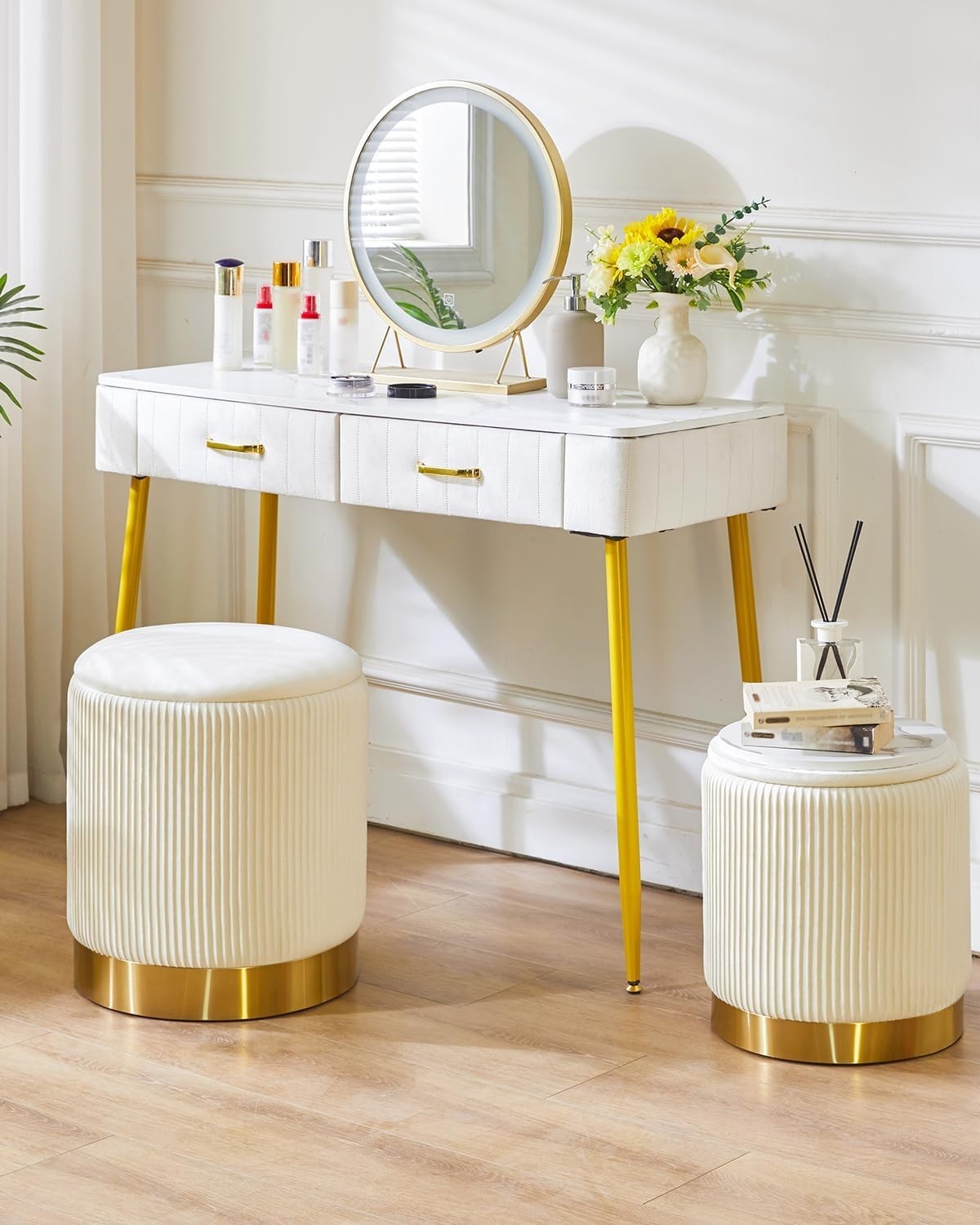 Set of 2 White Round Storage Ottomans – Velvet Pouffe Footstools with Table Tops