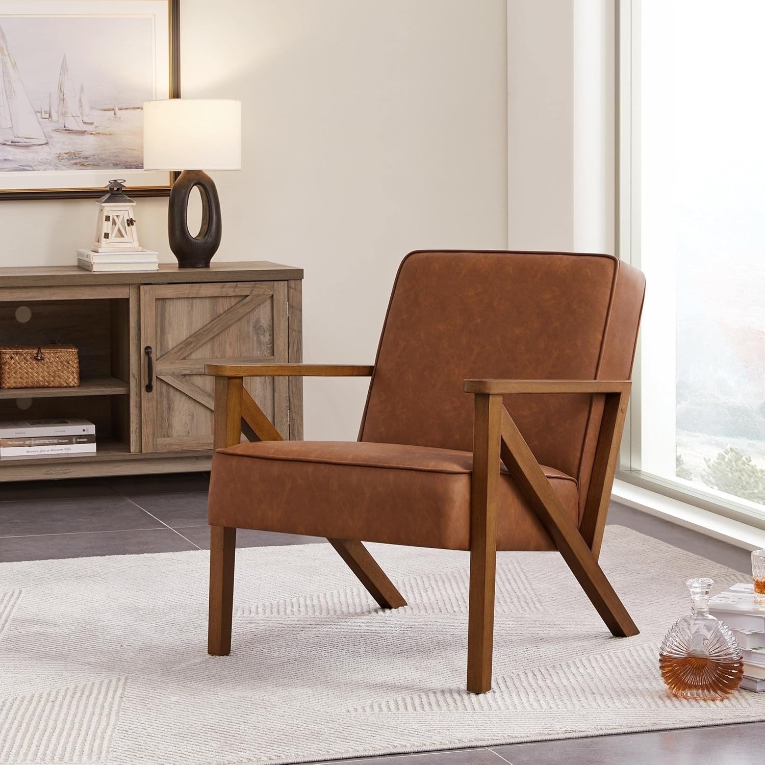 Modern PU Leather Armchair with Wooden Frame – Retro Lounge Sofa Chair Brown