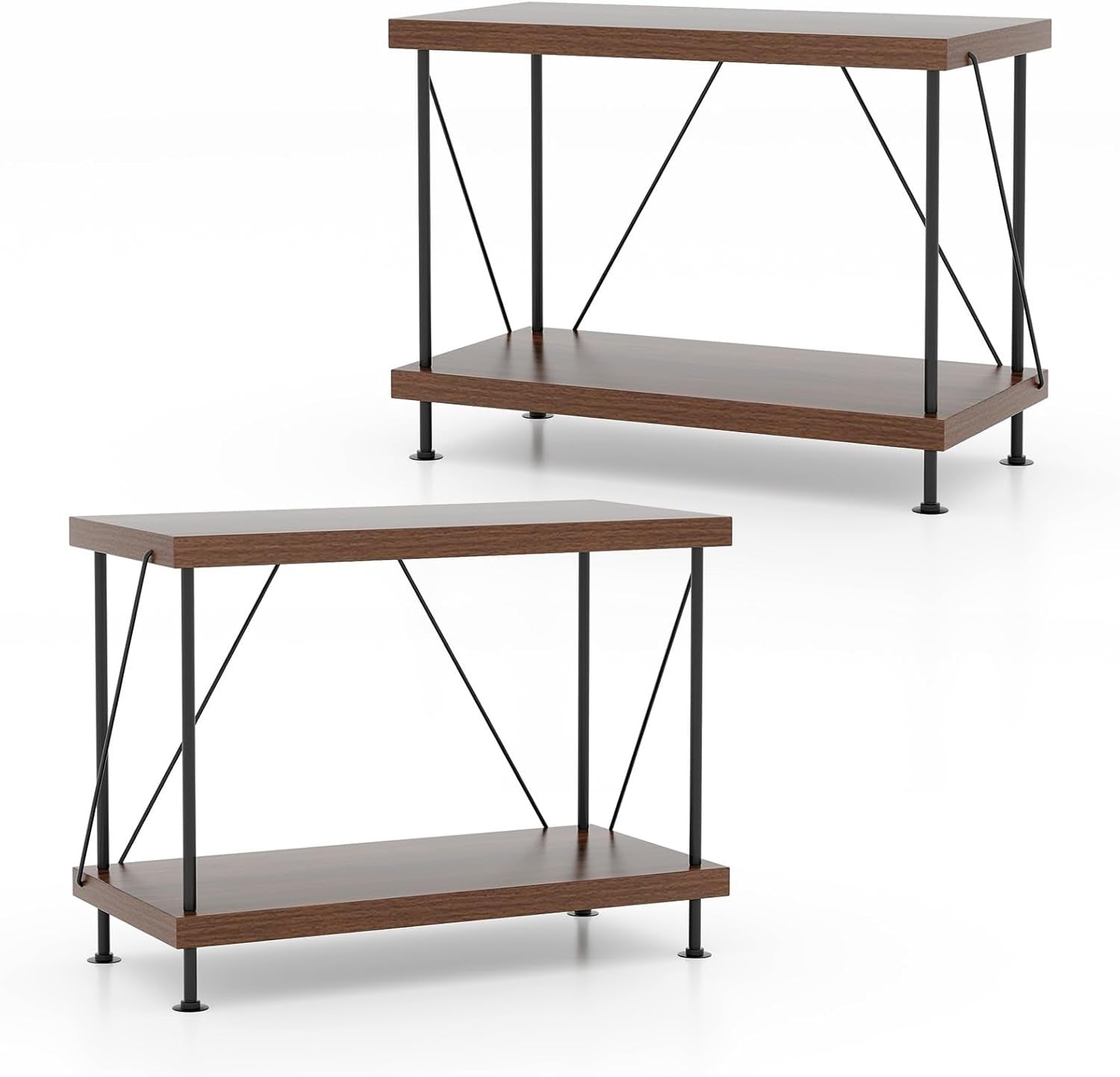 2-Tier Industrial Bookshelf Metal Frame Rustic Wood Storage Display Table Unit