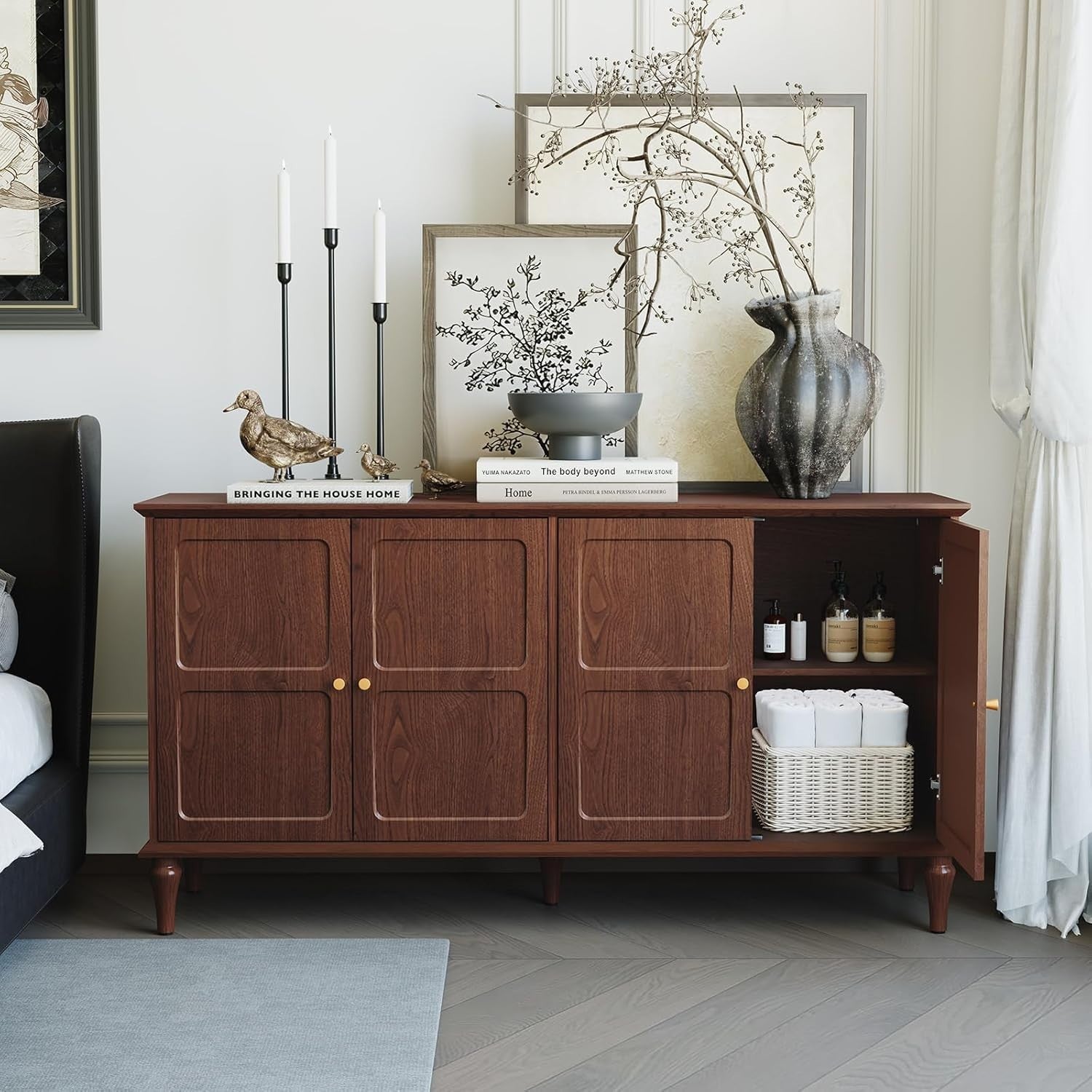 Mid-Century Sideboard with Wine Glass Racks, 4 Doors, Spacious Storage