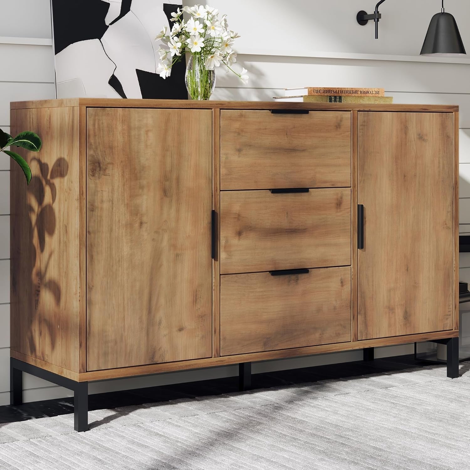 120cm Oak Sideboard Cabinet with Adjustable Shelves, 3 Drawers & Doors