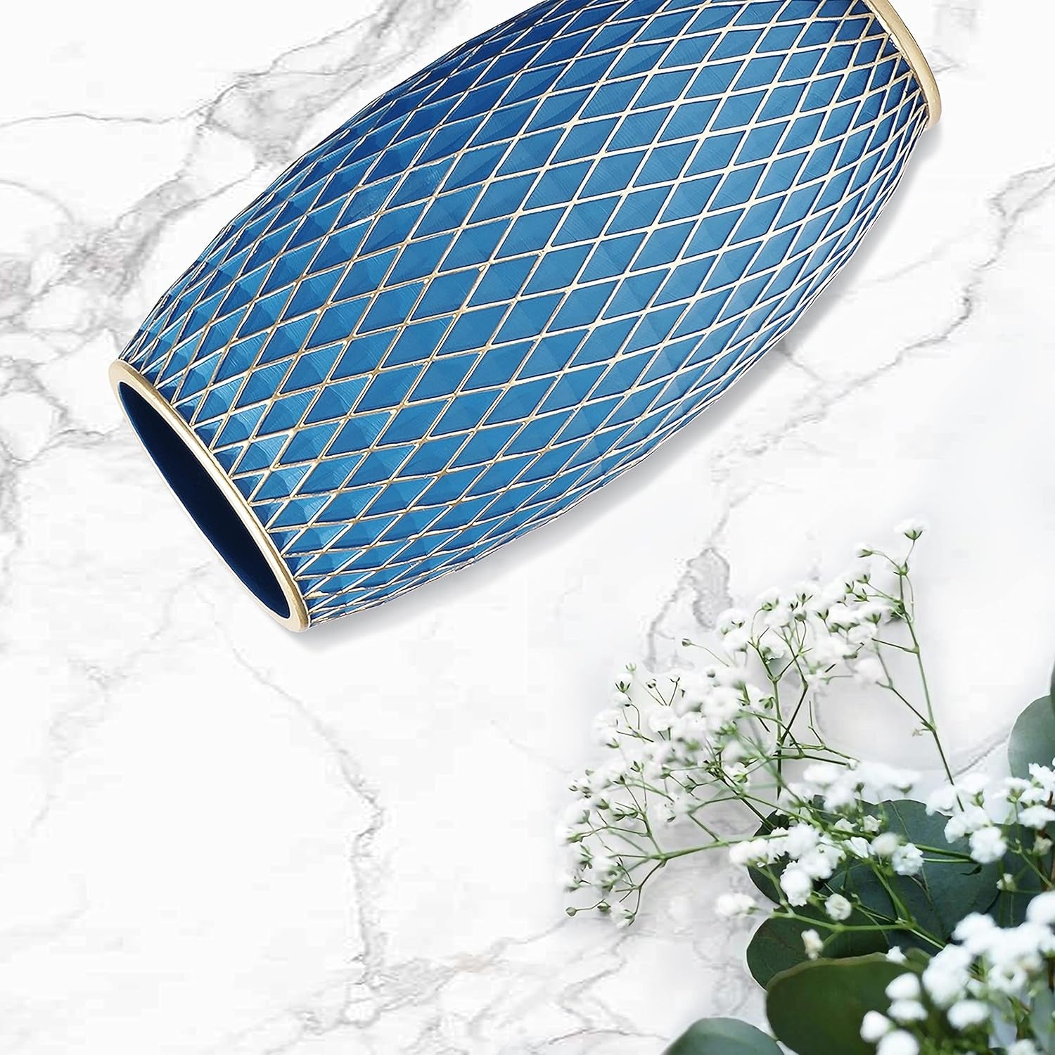 Large Blue Gold Decorative Floor Vase 28.5cm Modern Diamond Pattern Décor
