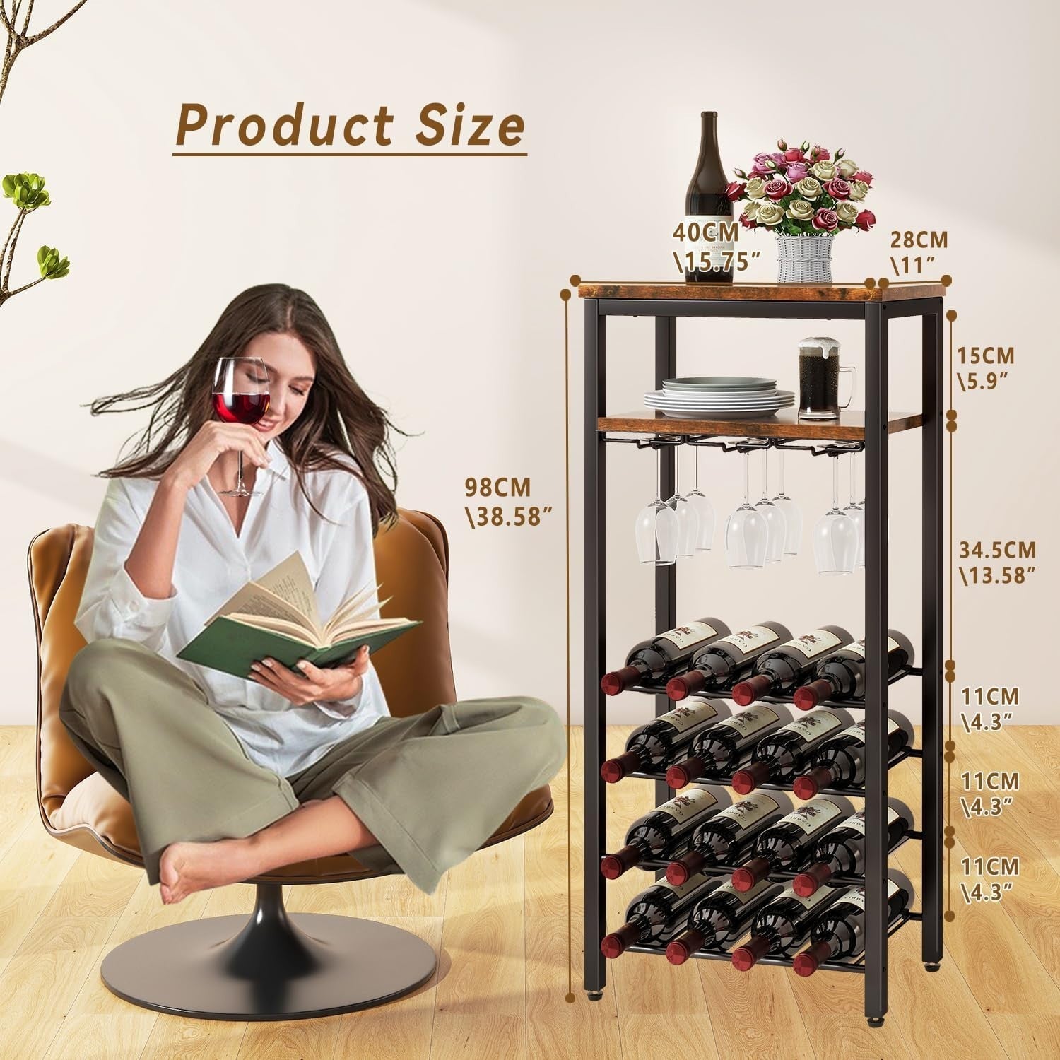 Wine Rack Freestanding with Glass Holder 16 Bottle Storage Shelf Rustic