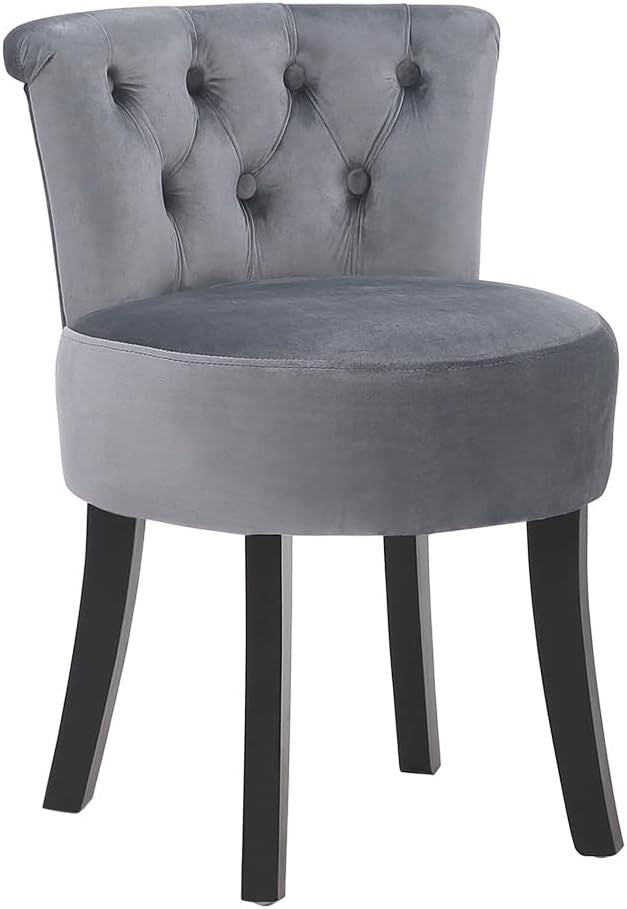 Grey Velvet Vanity Chair with Tufted Back and Wooden Legs – Comfy Makeup Seat