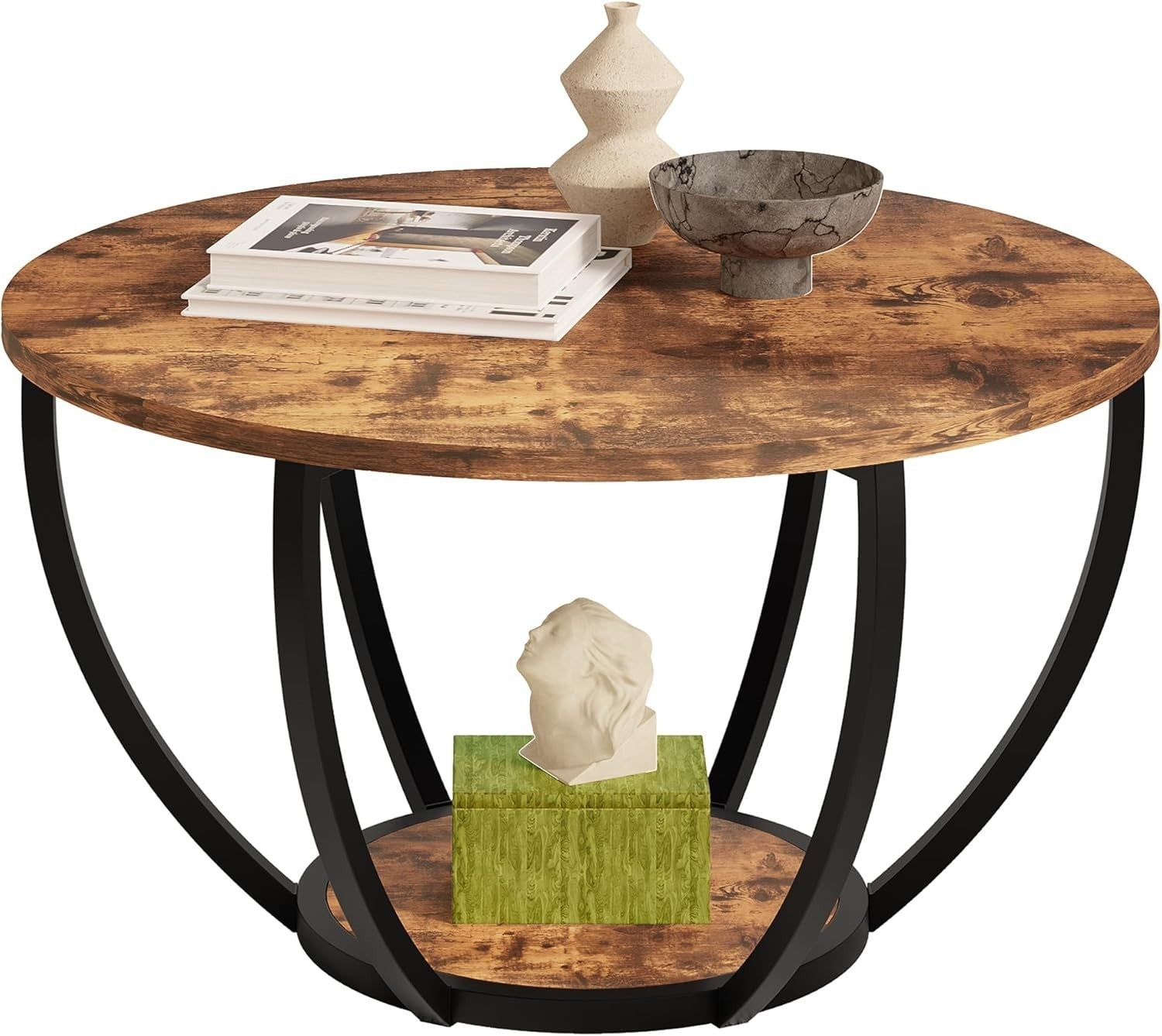 28" Round 2-Tier Coffee Table with Storage Shelves, Metal Frame Rustic Brown