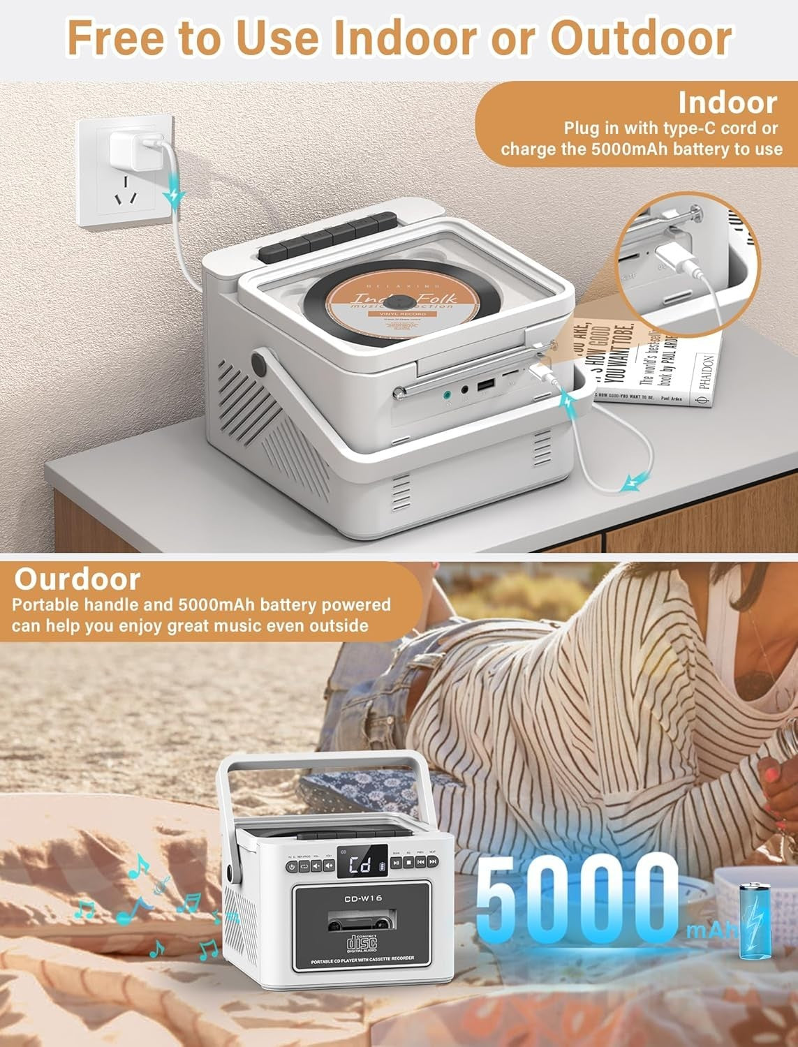 Boombox CD Cassette Player Bluetooth FM Radio USB AUX Rechargeable