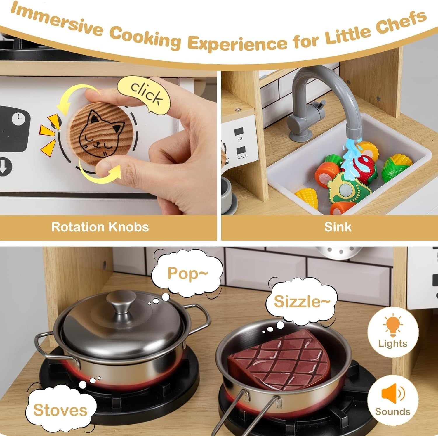 Kids Wooden Play Kitchen Lights Sounds Coffee Machine Ice Maker Toy