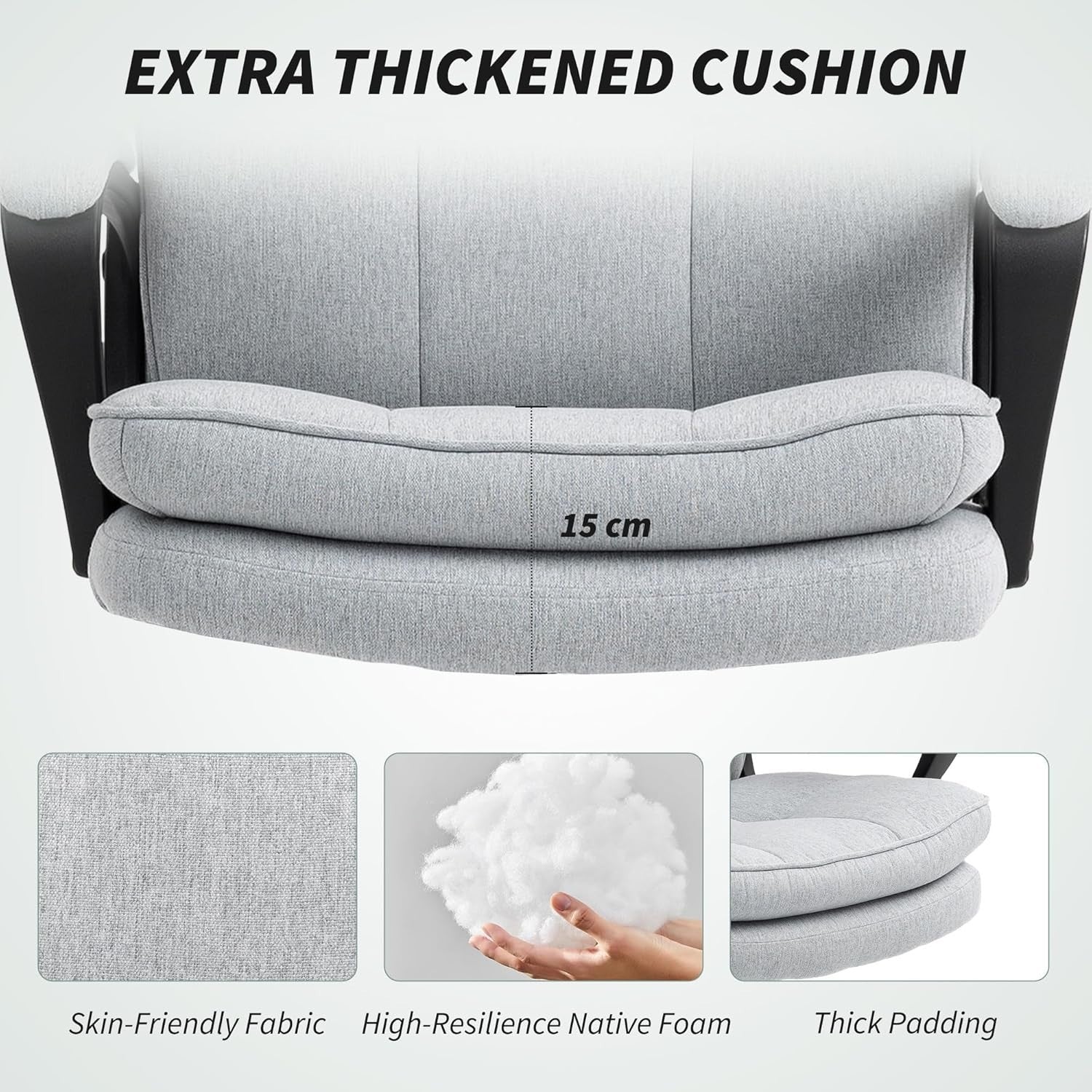Office Desk Chair High Back Padded Linen Swivel Adjustable Tilt Wheels Grey