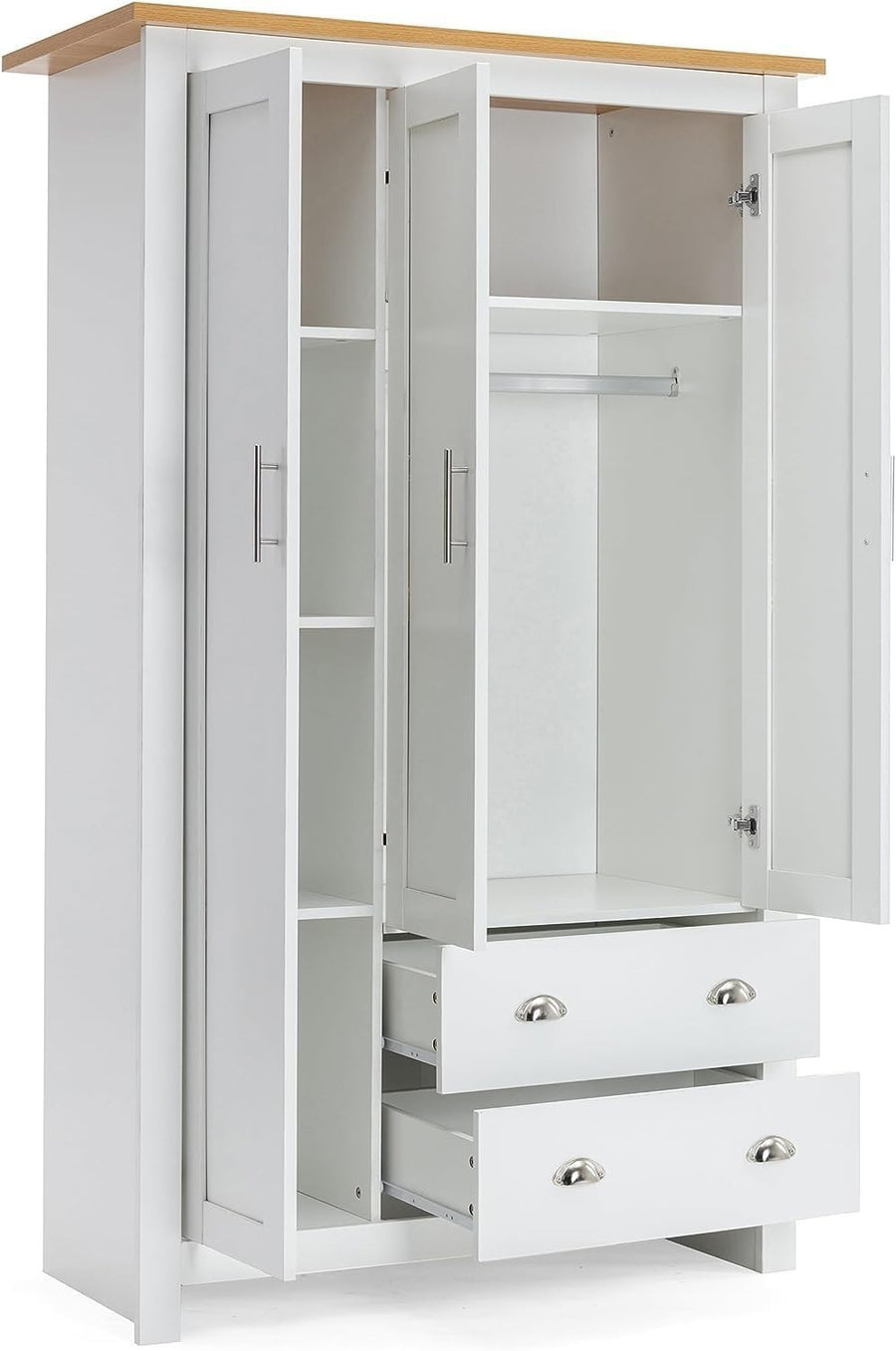 White Oak 3 Door Wardrobe With Drawers & Hanging Rail - Modern Storage