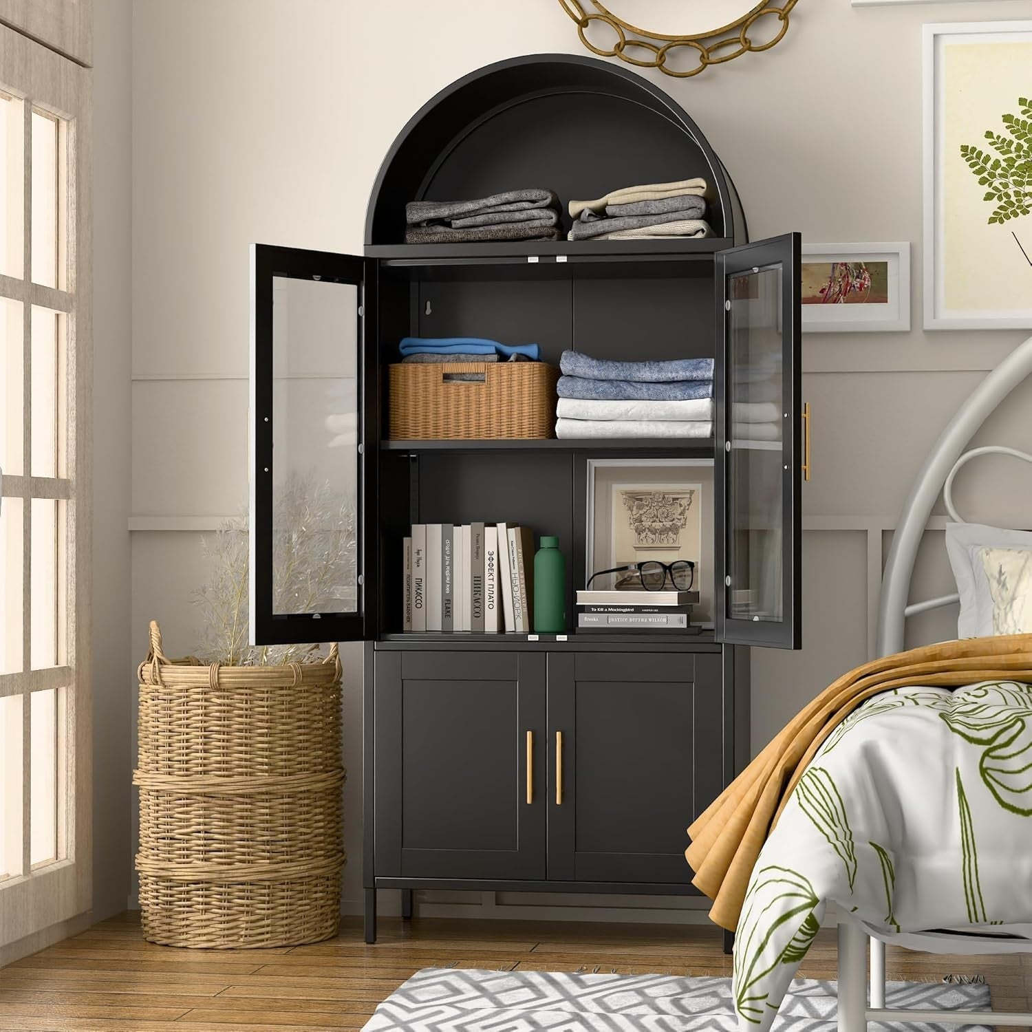Tall Black Metal Kitchen Cabinet Glass Doors Storage Unit Pantry Cupboard