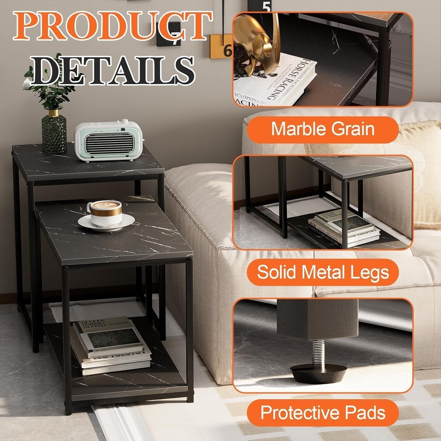 Nesting Coffee Table Set of 2 Modern Black Metal Frame Living Room Furniture