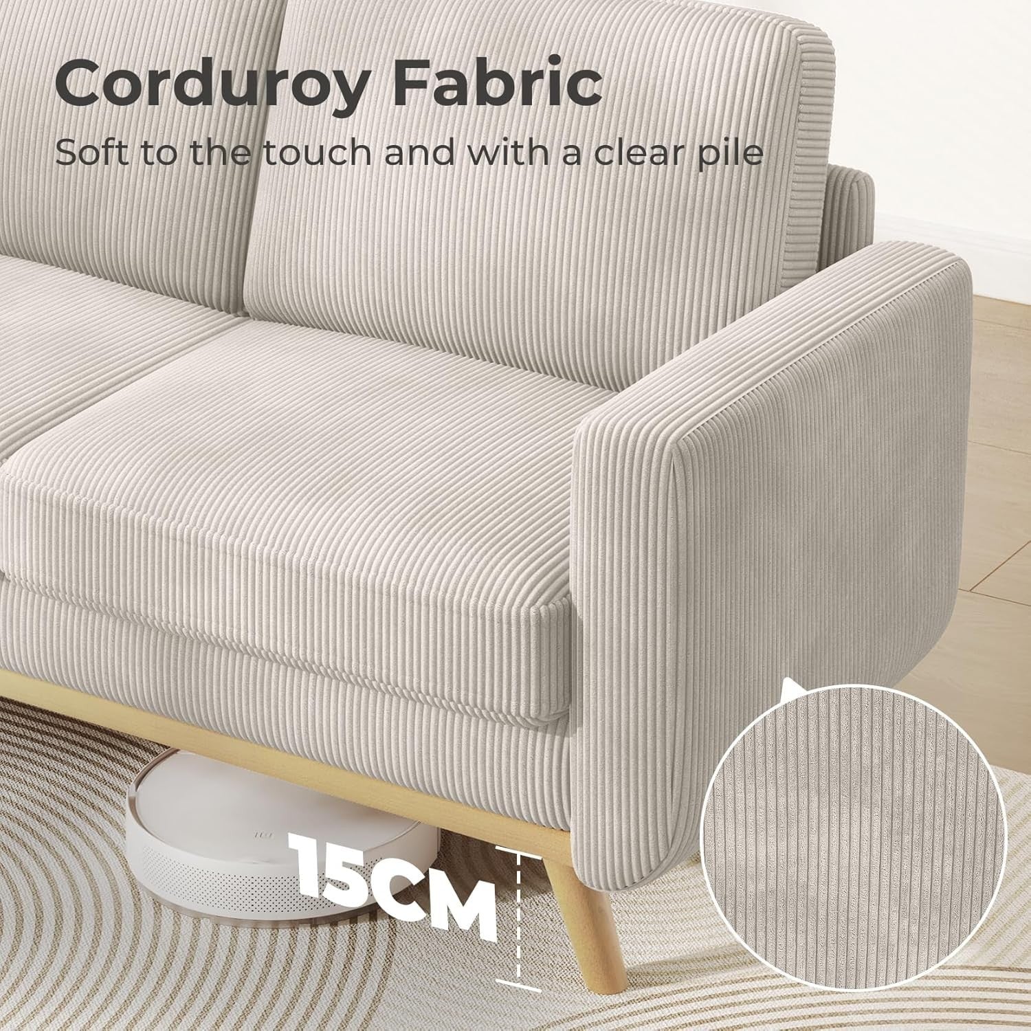 Grey Corduroy 2 Seater Sofa 172cm Deep Seat Solid Wood Frame Spring Cushions