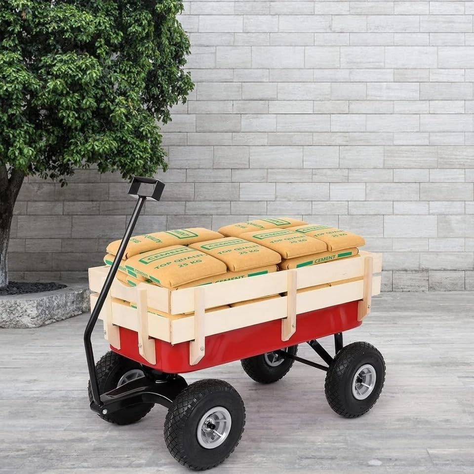 Heavy Duty Garden Utility Wagon Cart | Outdoor Pull Trolley w/ 4 Wheels & Steel