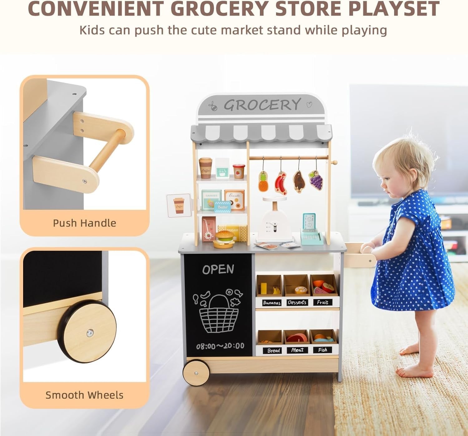 Kids Grocery Store Pretend Play Market Stand Cash Register 70+ Pieces