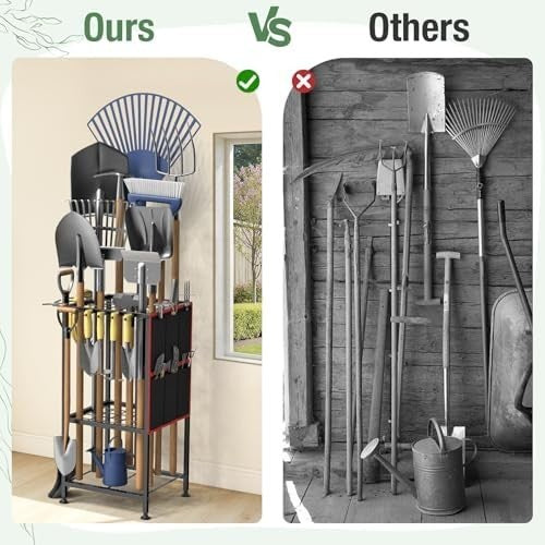 Corner Garden Tool Organizer Metal Rack with Side Pouch for Rakes Shovels